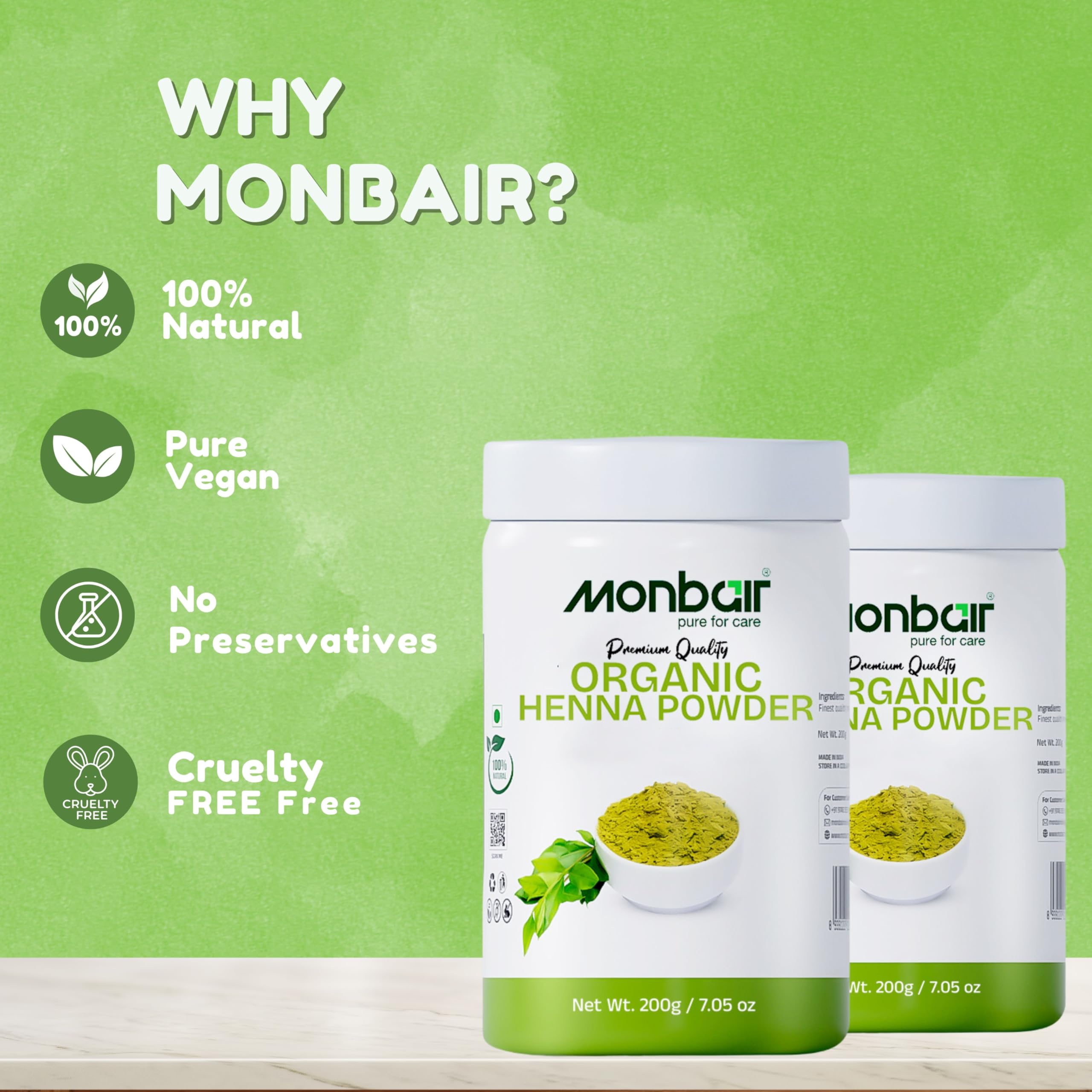 MONBAIR 100% Natural Organic Henna Powder for Hair - 200g | Chemical-Free Hair Care for Men & Women | Promotes Hair Growth & Color | Perfect for DIY Hair Treatment & Natural Dyeing at Home