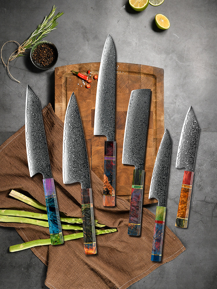 Premium 6-Piece Spectrum Knife Set - VG10 Damascus Steel Blades with Exotic Tie-Dye Stained Olive Burl Wood Handles - Perfect for Professional Chefs & Home Cooking Enthusiasts
