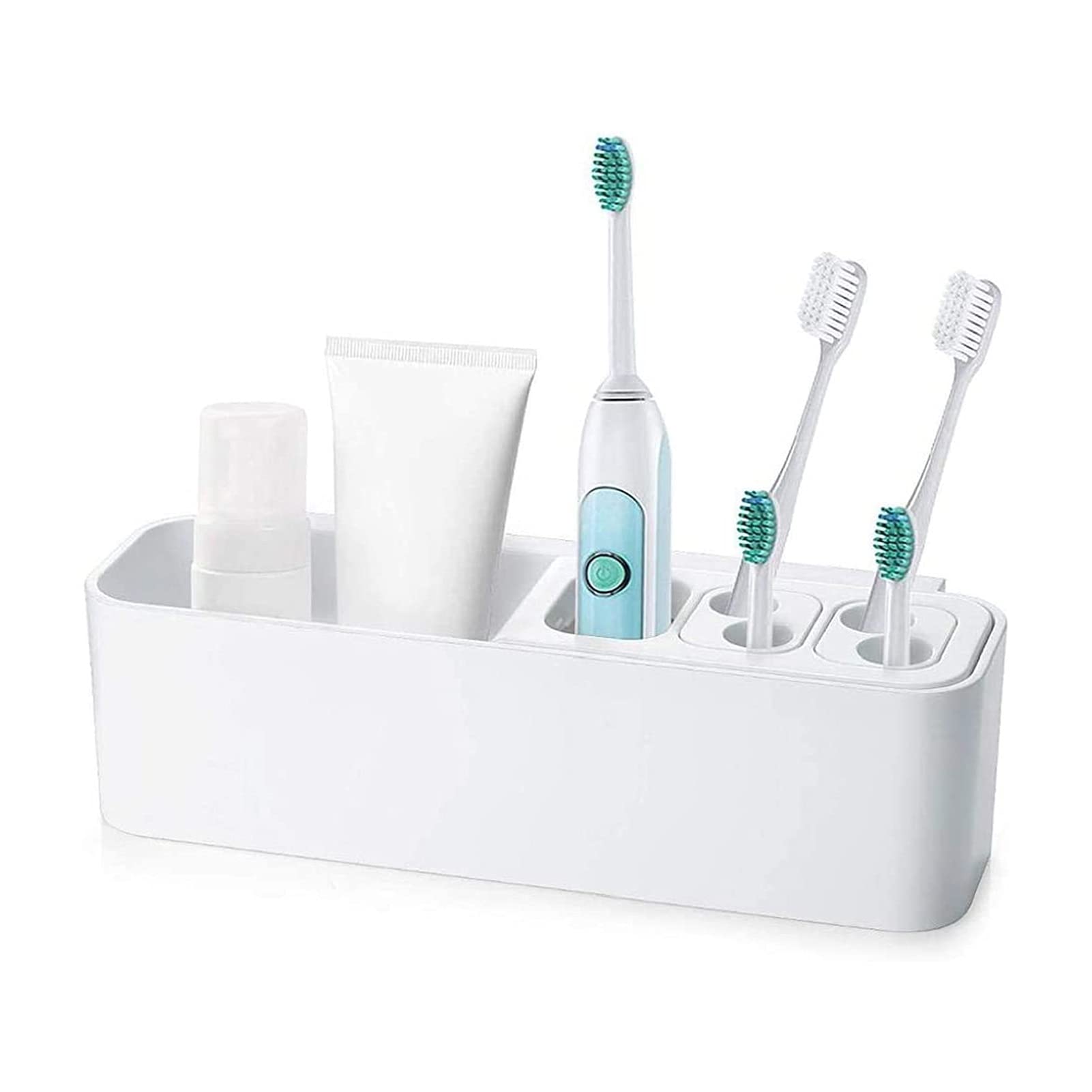 Waterproof ABS Wall Mounted Electric Toothbrush Holder with Adhesive - Bathroom Razor & Toothbrush Organizer for Shower, Sink Countertop (White)