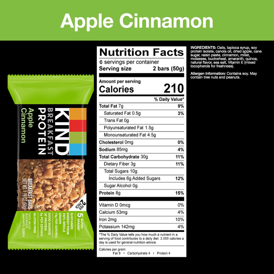 KIND Breakfast Protein Bars - Healthy Snack Bars with Apple Cinnamon Flavor, Gluten Free, 8g Protein per Bar, 1.76oz Packs (6 Count) - Perfect for On-the-Go Breakfast, Post-Workout Snack & Office Energy Boost
