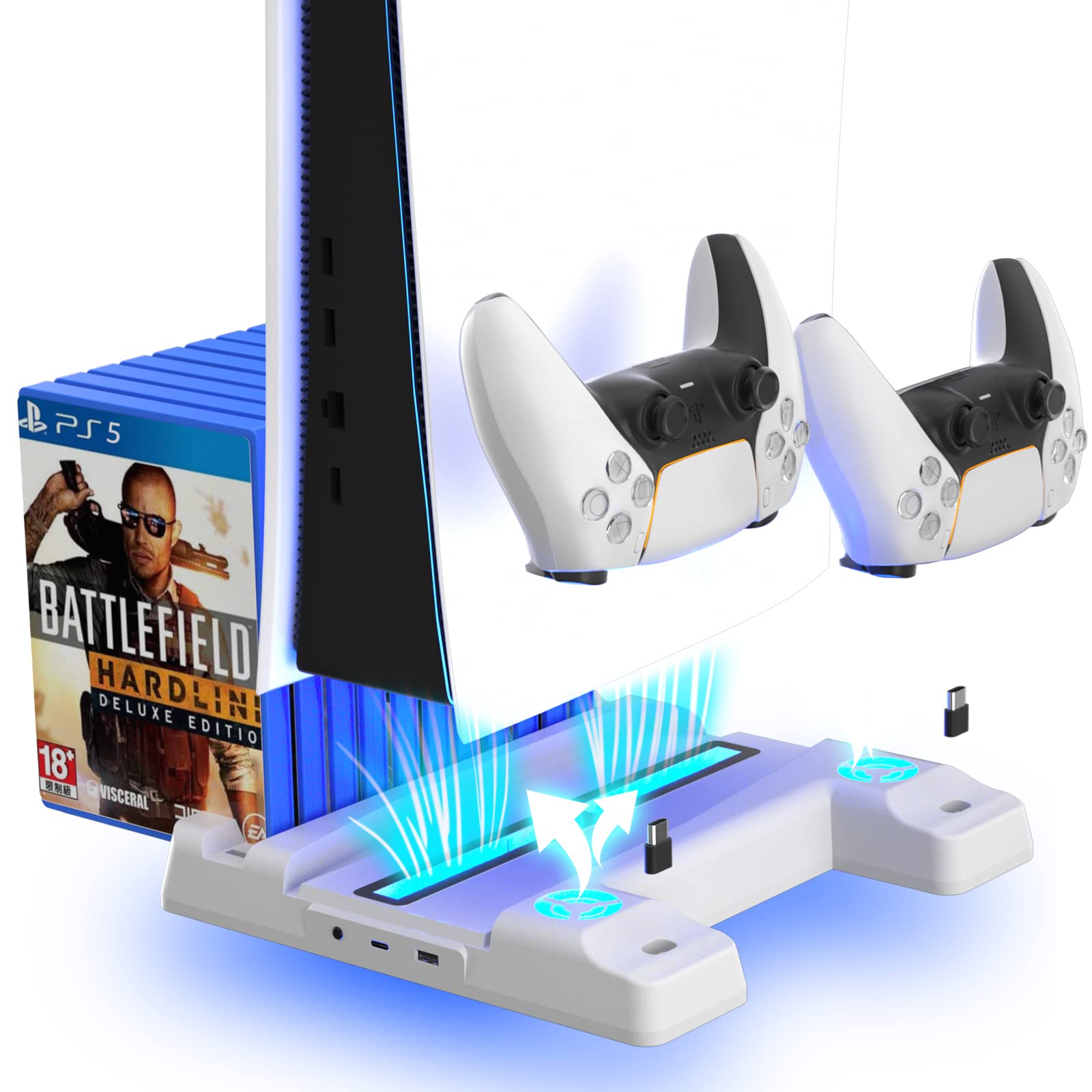 HEATFUN PS5 White Charging Station with Cooling Fans - Fast Charging Dock, 3-Speed Adjustable Cooling, 12-Game Storage Rack - Perfect for PS5 Gaming Setup & Console Organization