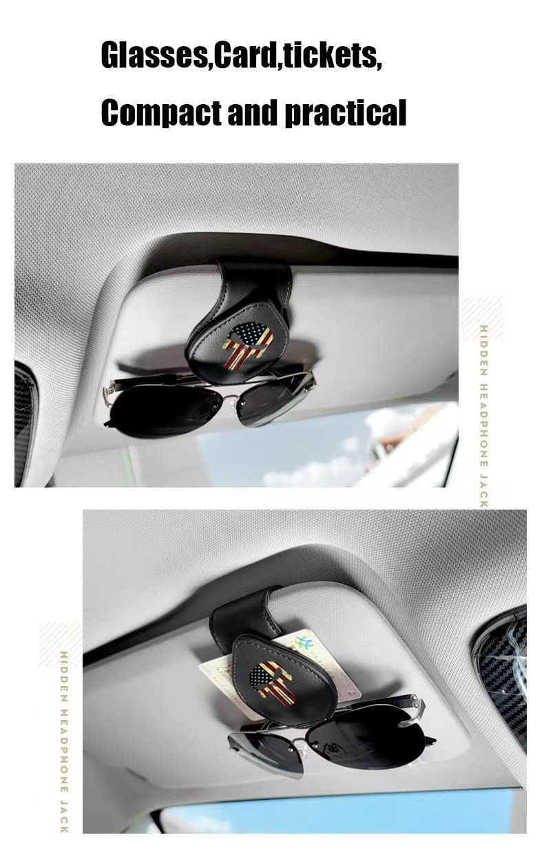 Premium Leather Sunglasses Holder for Car Visor - Universal Eyeglass Hanger Clip with American Flag Skull Design | Perfect for Road Trips, Commuting & Outdoor Adventures