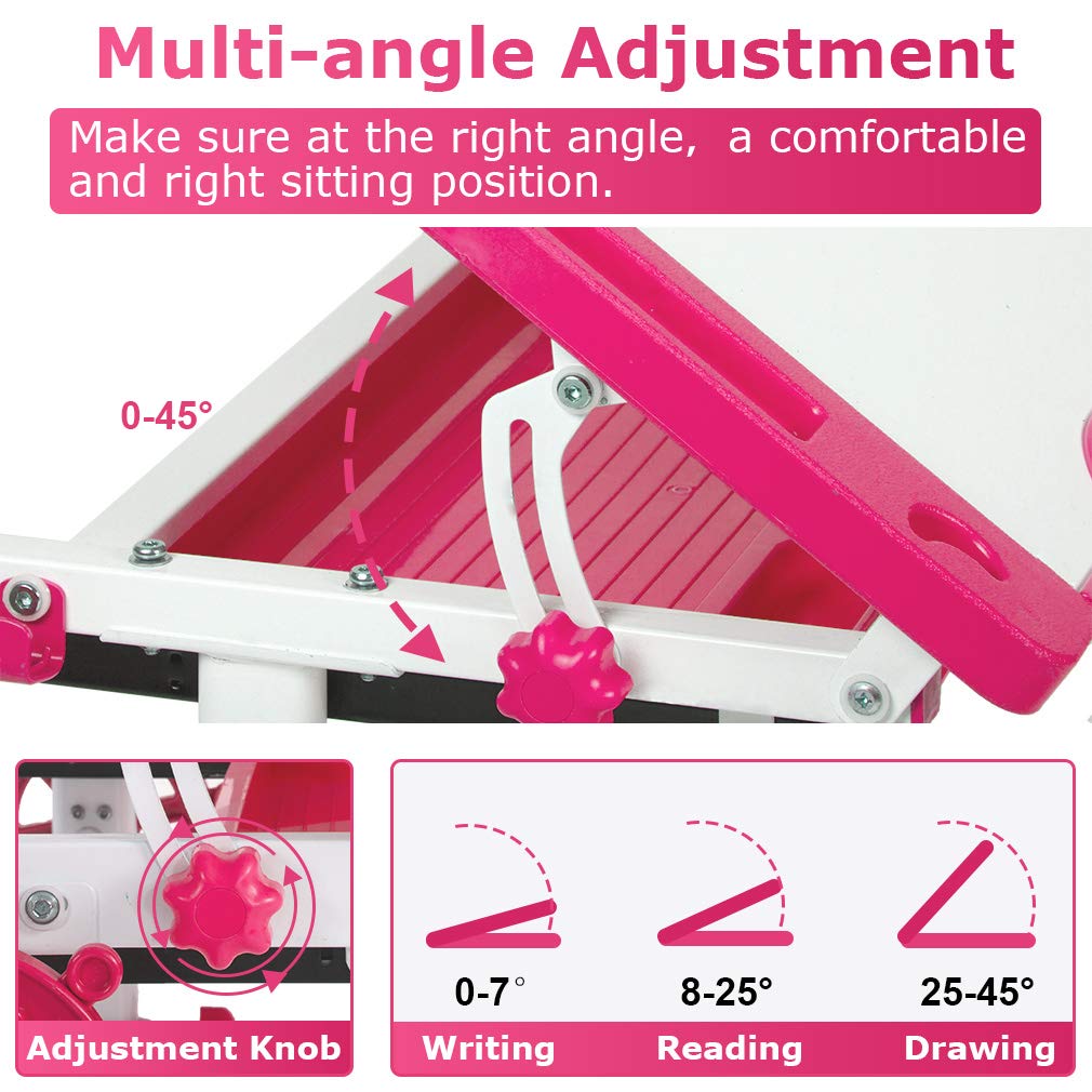 Adjustable Kids Study Desk and Chair Set with Storage Drawers - Pink Writing Drafting Table for Children, Perfect for Homework, Drawing & School Activities