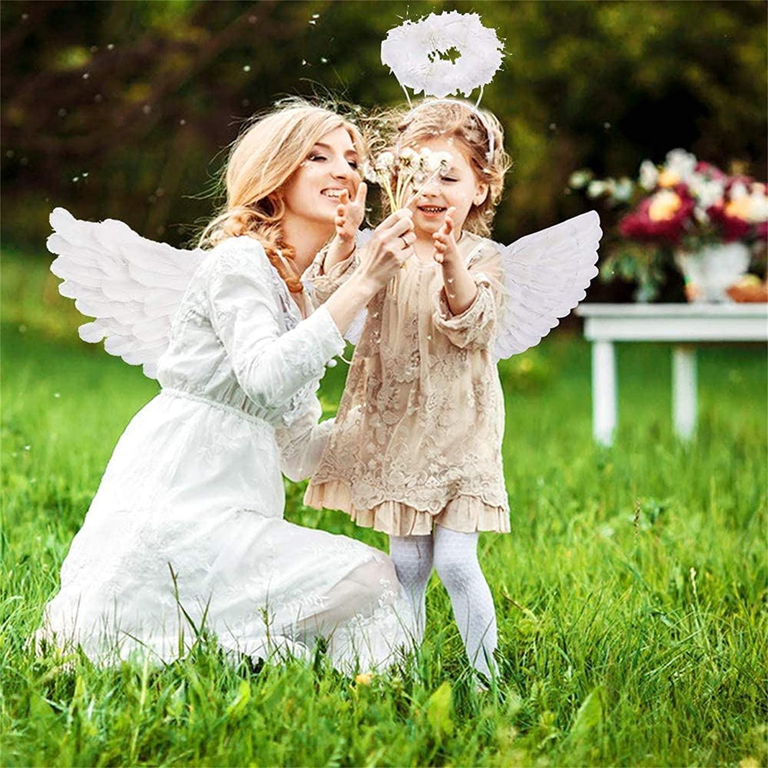 YeahBoom 60cm White Angel Wings with Halo - Feather Angel Wings for Women & Girls - Perfect for Halloween, Cosplay, Costume Parties, Christmas Pageants & Photo Shoots