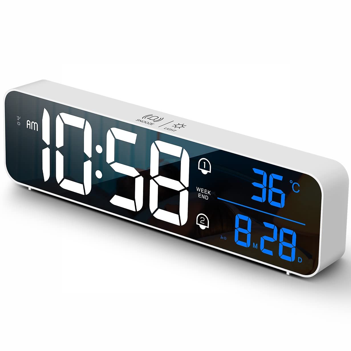 Large Digital Alarm Clock with LED Display - Rechargeable, Sound-Activated, Snooze Function, Date & Temperature - Perfect for Bedroom, Living Room, Kitchen & Office (White) | Wake Up Easily & Stay Organized