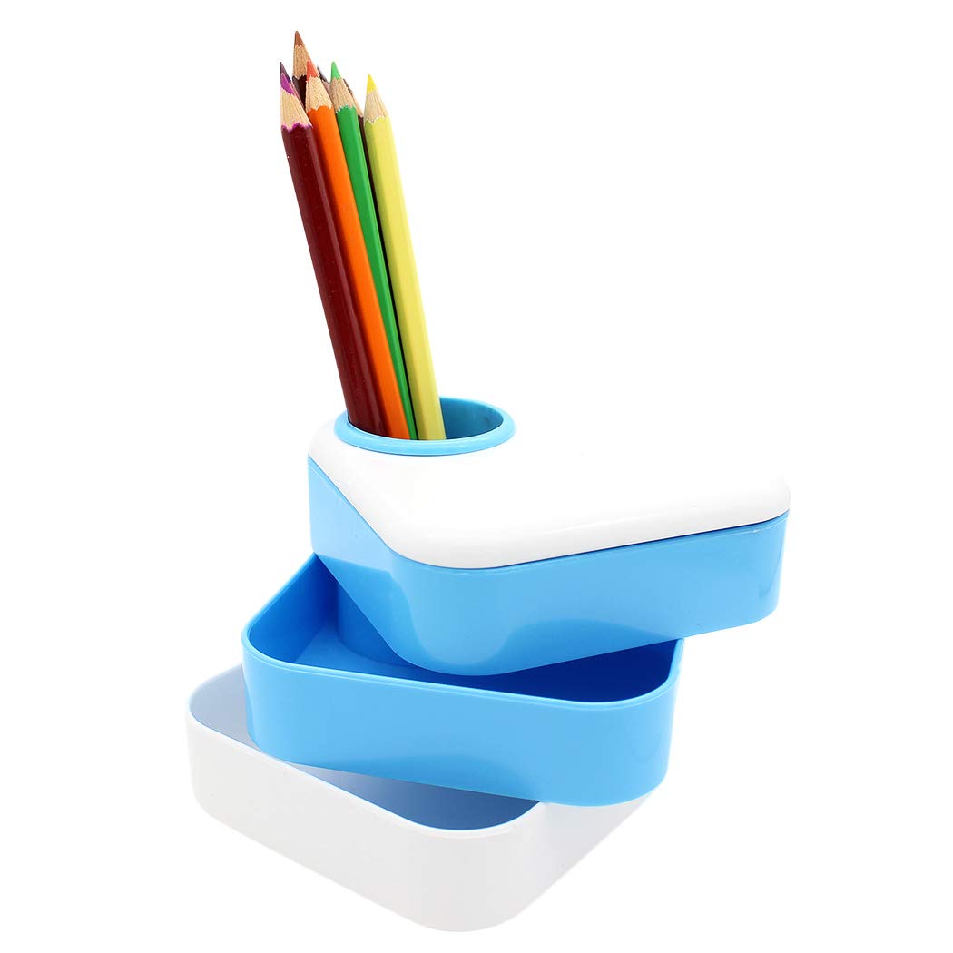 Rotating Drawer Desk Organizer - Blue Square Pen Holder with 3 Compartments | Perfect for Office, School & Home Workspace Organization | Pencil Cup Container for Desk Accessories