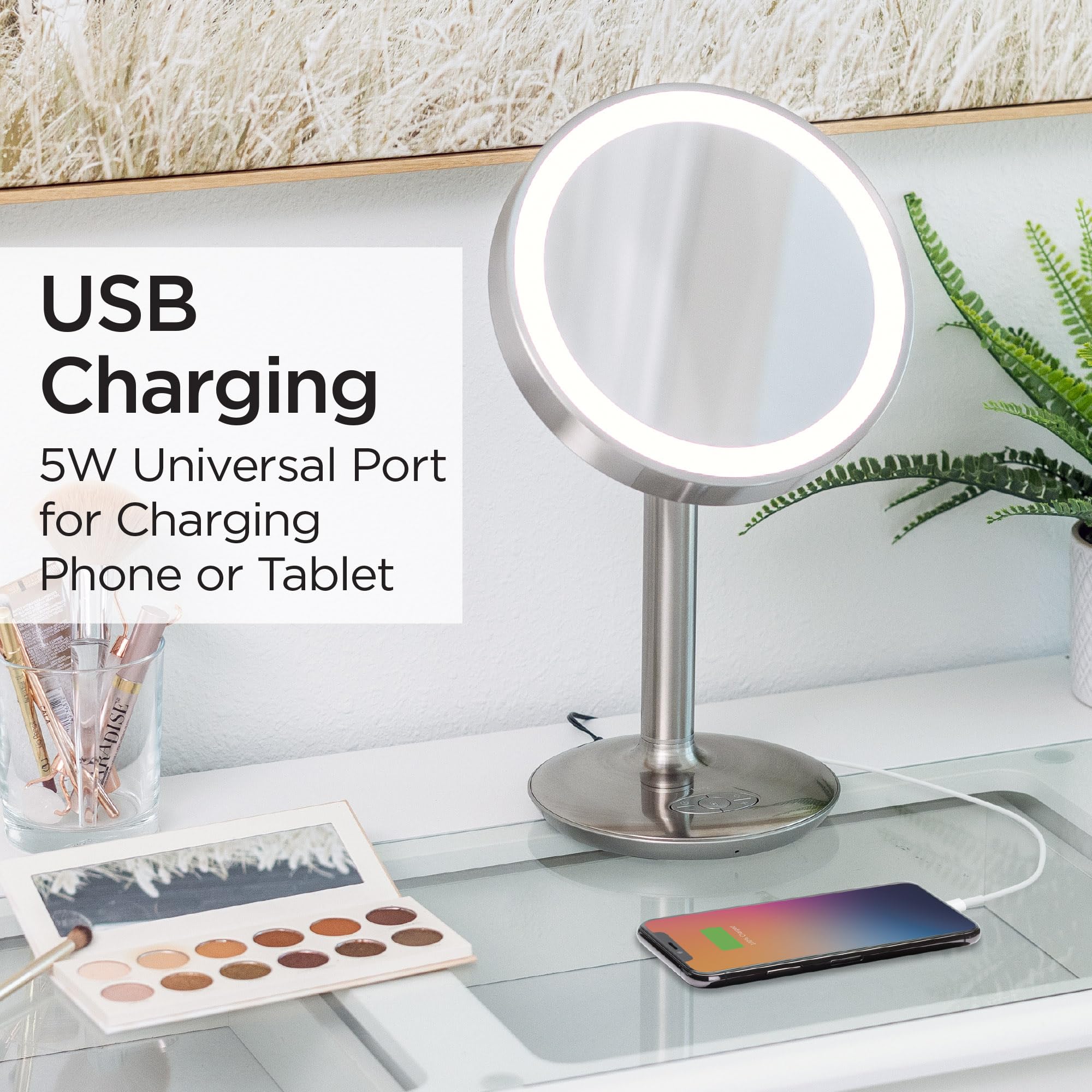 iHome Vanity Mirror with LED Lights & Bluetooth Speaker - Touch Control Makeup Mirror with USB Charging Port, 10X Magnification & Dimmable Lighting for Makeup Application, Skincare, Shaving - Perfect for Bedroom, Bathroom & Dressing Room (iCVBT82SN)