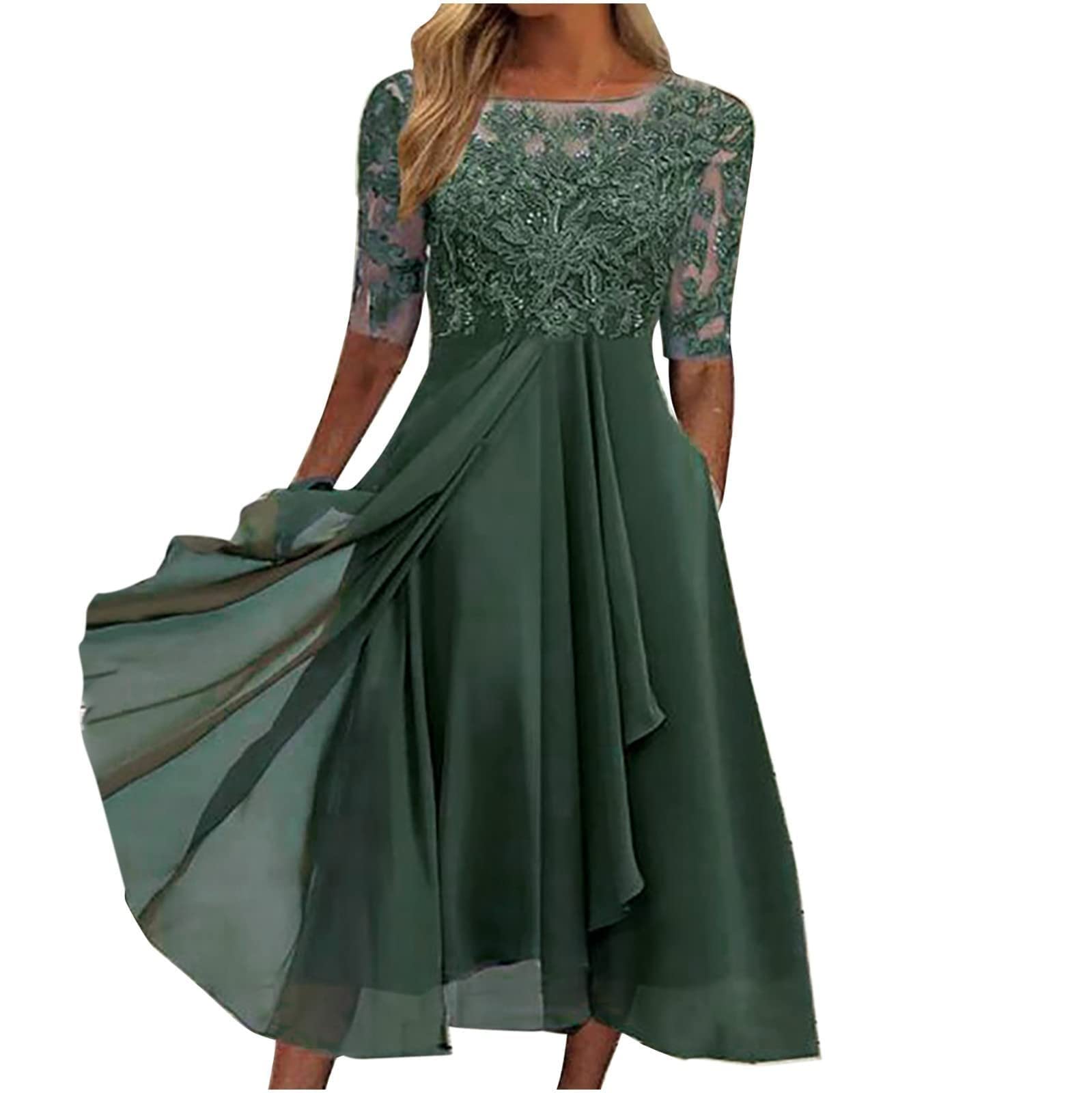 Elegant Floral Lace Tea-Length Cocktail Dress for Women - Chiffon Formal Wedding Guest & Bridesmaid Gown - Perfect for Prom, Parties, and Special Occasions
