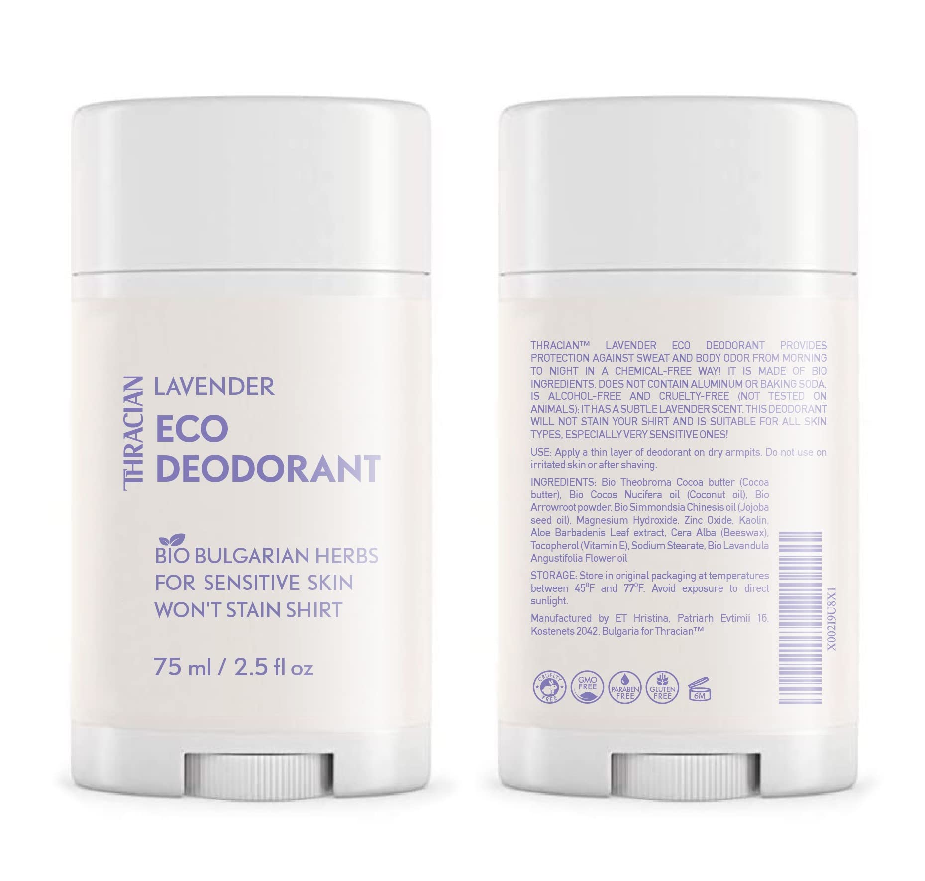 Thracian™ Bio Lavender Natural Deodorant with Zinc Oxide for Sensitive Skin | Aluminum, Baking Soda & Alcohol Free | Unscented 2.5 Fl Oz | Perfect for Daily Use & Eco-Conscious Lifestyle