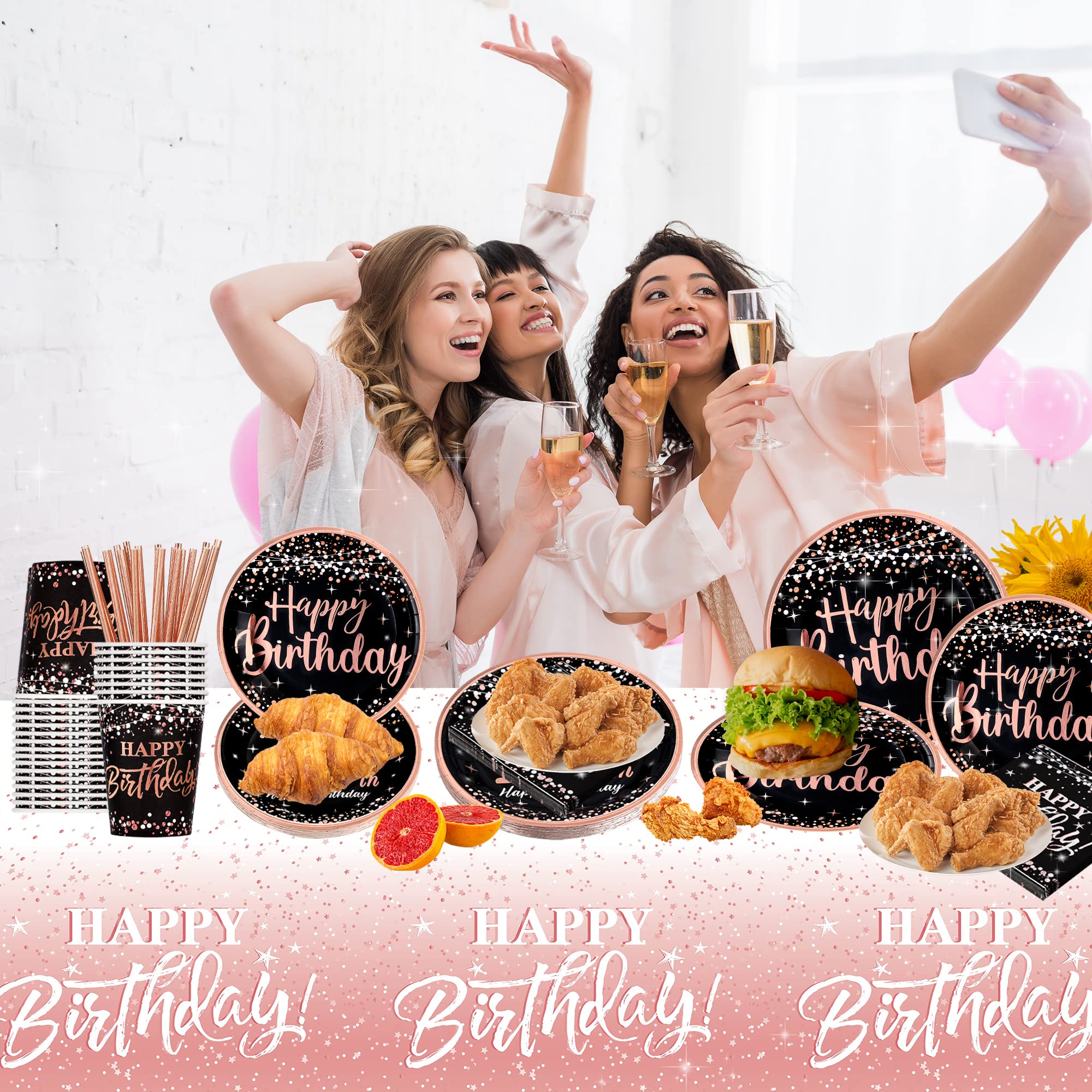 Rose Gold Happy Birthday Party Decorations for Women - 121pcs Disposable Tableware Set (Plates, Napkins, Cups, Straws, Tablecloth) for 24 Guests - Perfect for Birthday Parties, Bridal Showers & Special Celebrations