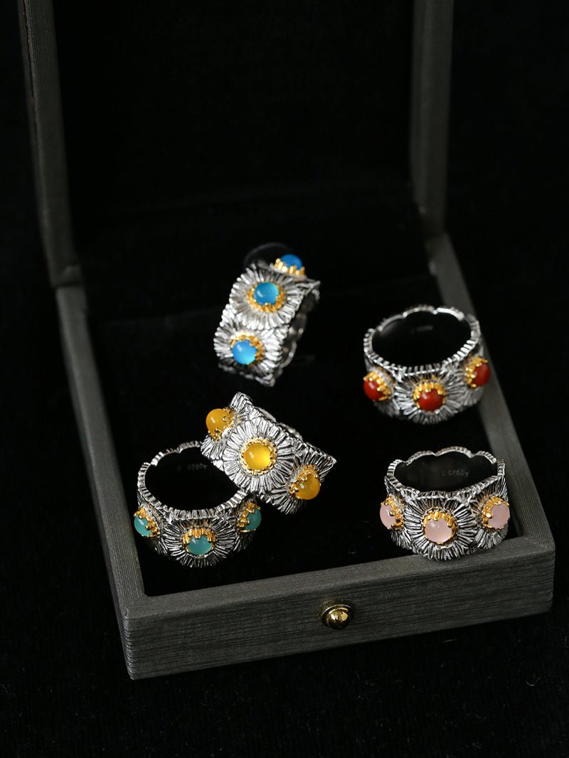 Buccellati Inspired Daisy Ring - 925 Sterling Silver Wide Band with Natural Gemstone for Women | Elegant Floral Jewelry for Weddings, Parties & Everyday Wear
