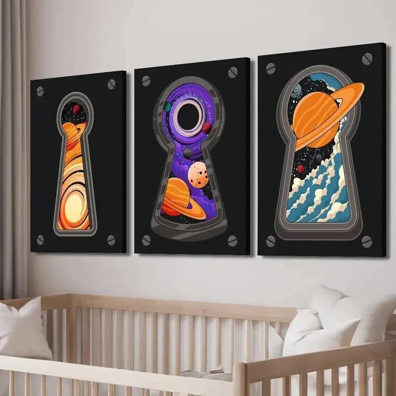 3-Piece Abstract Cosmic Keyhole Galaxy Wall Art Set - Framed Canvas Prints 50x70cm (20x28in) - High Quality Space-Themed Home Decor - Ready to Hang for Living Room, Bedroom or Office Decorations