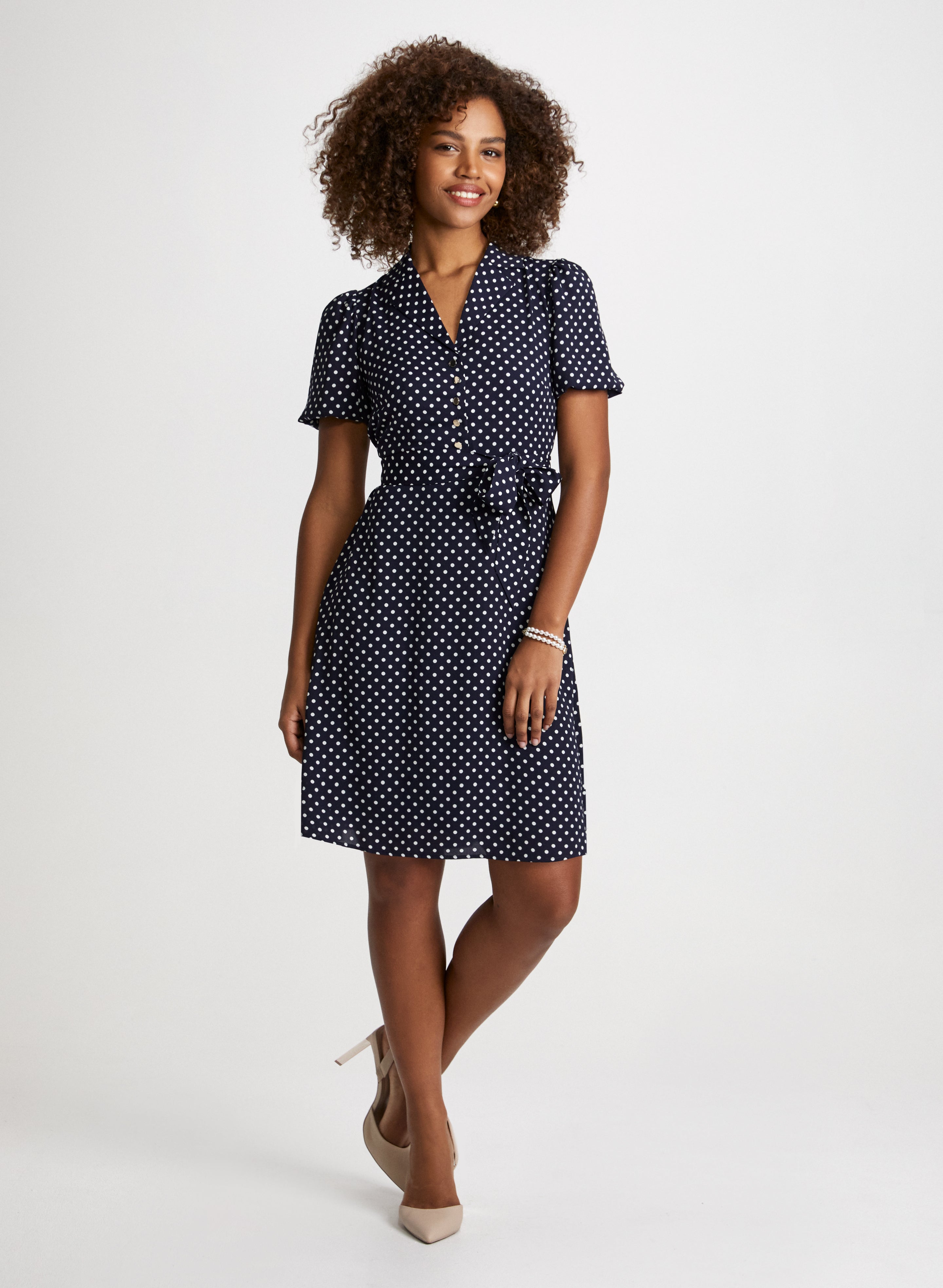 Elegant Dotted Notched Collar Dress with Ball Drop Earrings Set - Perfect for Office Wear, Cocktail Parties & Date Nights