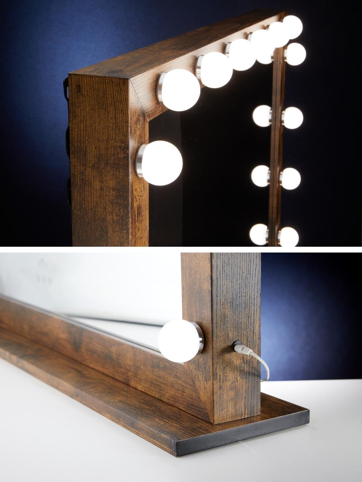 LUXFURNI 24x32 Inch Hollywood Vanity Mirror with 14 Dimmable LED Lights - Rustic Brown Makeup Mirror for Dressing Table, Wall Mount or Desktop - Perfect for Home Beauty Salon, Bridal Dressing Room & Bedroom Decor