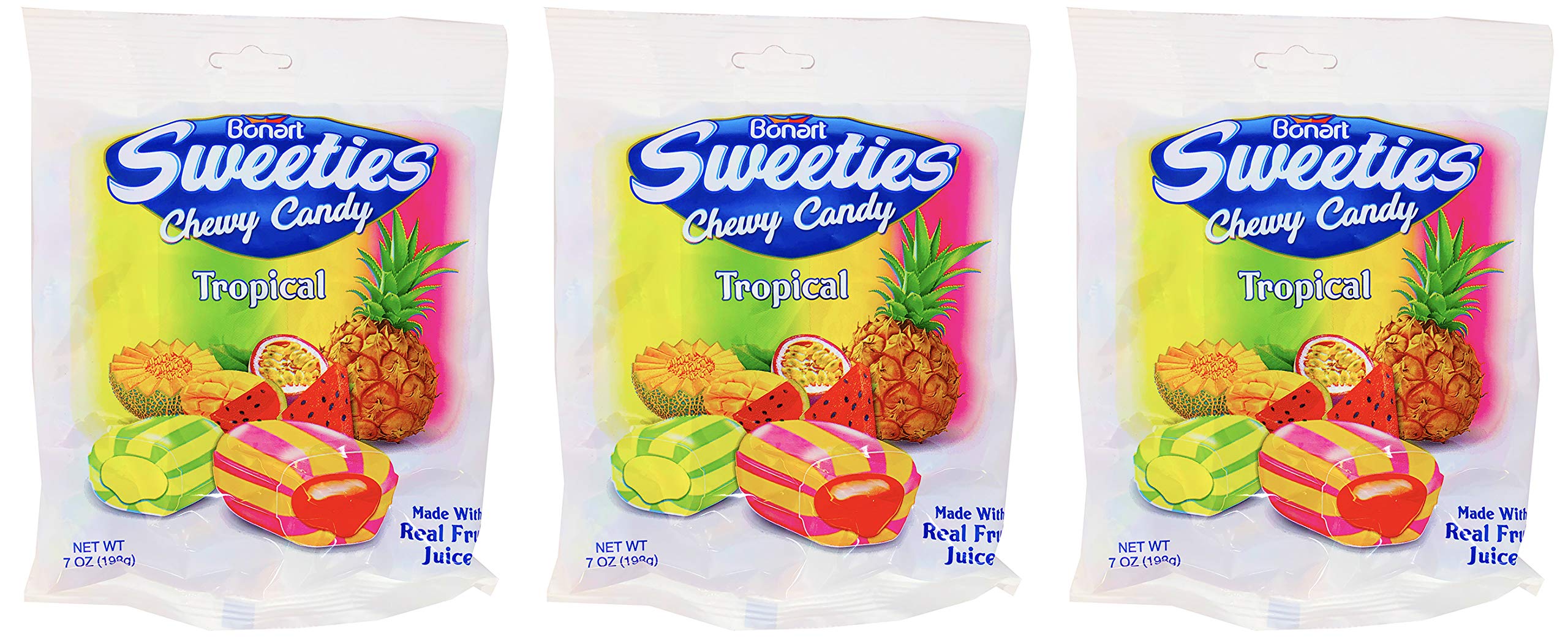 Bonart Sweeties Tropical Fruit Chews - 3 Pack of Melon, Pineapple & Watermelon Flavored Chewy Candy with Creamy Filling (7oz Bags) - Perfect for Parties, Snacks & Gift Baskets