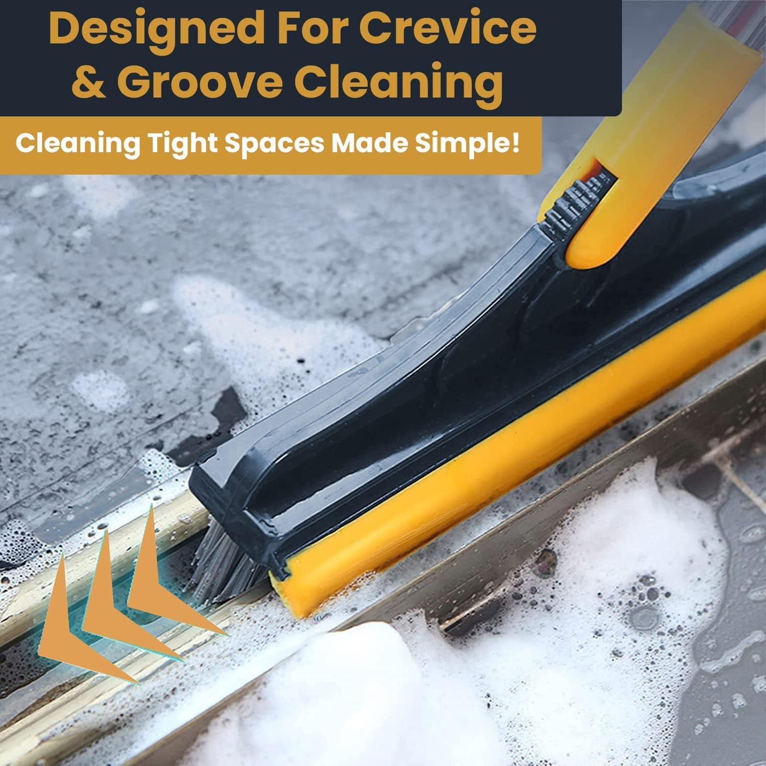 2-in-1 Bathroom Cleaning Brush with Wiper & Long Handle - 120° Rotating Tile & Floor Scrub Brush for Shower, Bathtub & Hard Surfaces - Home Cleaning Tool (Yellow & Silver) - Perfect for Deep Cleaning Grout, Corners & Hard-to-Reach Areas