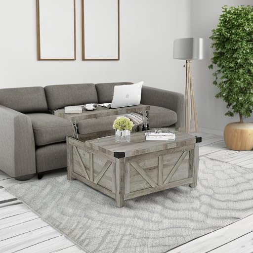 Farmhouse Lift Top Coffee Table with Storage & USB Charging Station - Wood Square Center Table with Large Hidden Compartment - Perfect for Living Room, Bedroom & Home Office - Ideal for Small Space Organization & Modern Home Decor