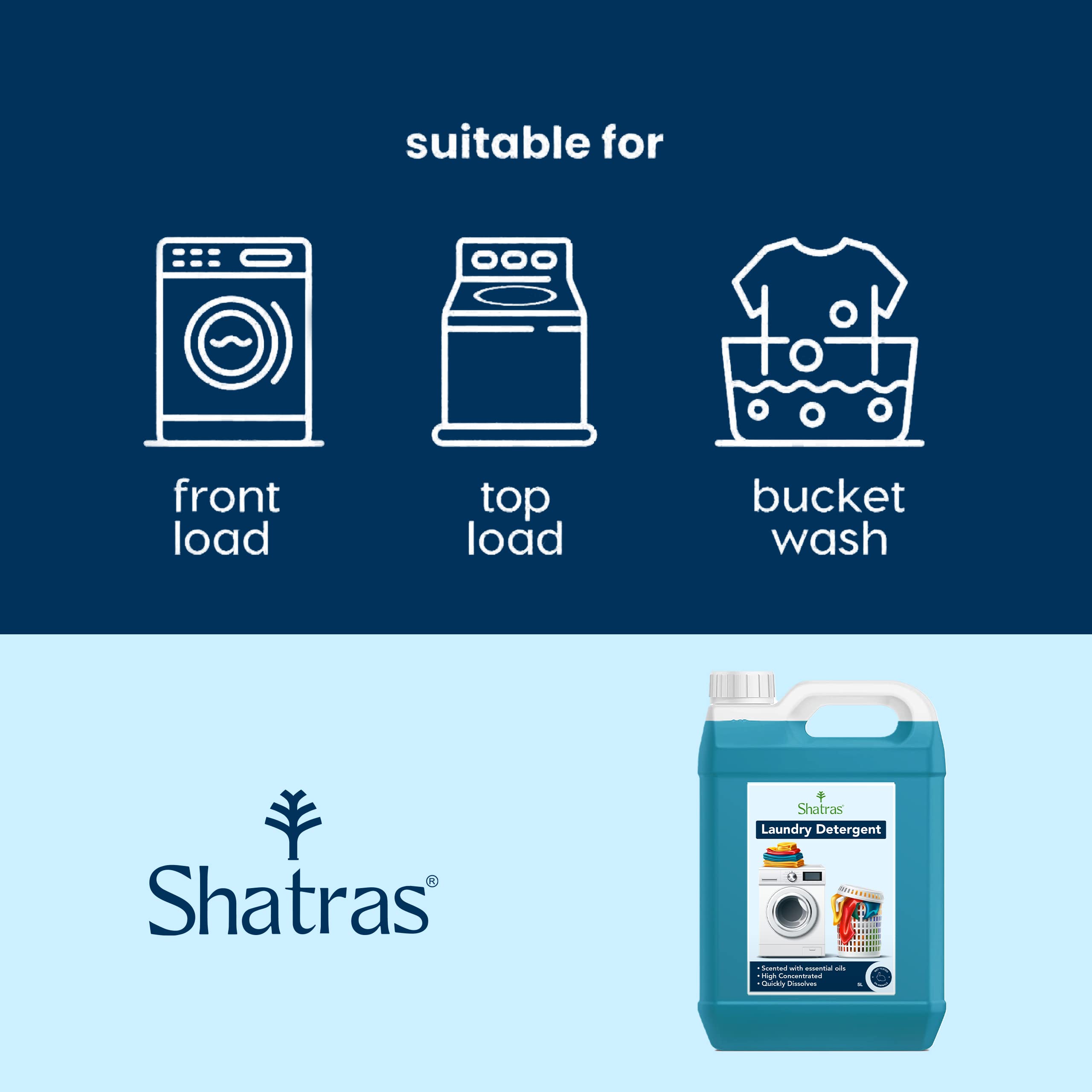 Shatras Concentrated Liquid Laundry Detergent 5L - Top & Front Load Washer Safe | Gentle Fabric Care for All Clothes | Hand Wash & Machine Wash | Perfect for Families, Travel & Daily Laundry Needs
