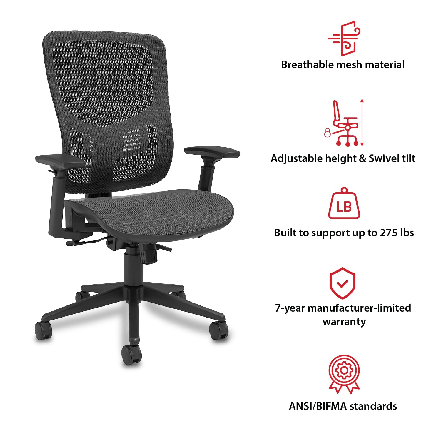 Ergonomic Mesh Swivel Office Chair with Adjustable Height, Armrests & Lumbar Support - Breathable Kroy Fabric for All-Day Comfort - Ideal for Home Office, Gaming & Computer Workstations