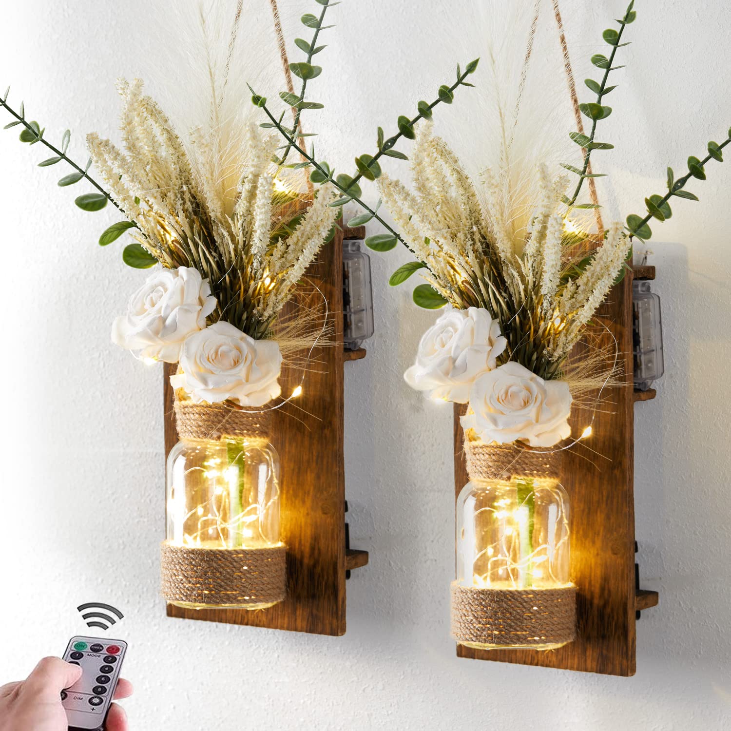 2-Pack Rustic Mason Jar Sconce Wall Decor with Remote Control LED Fairy Lights & Artificial White Roses - Farmhouse Spring Decor for Bedroom, Living Room, Wedding, Party | Home Lighting Decorations