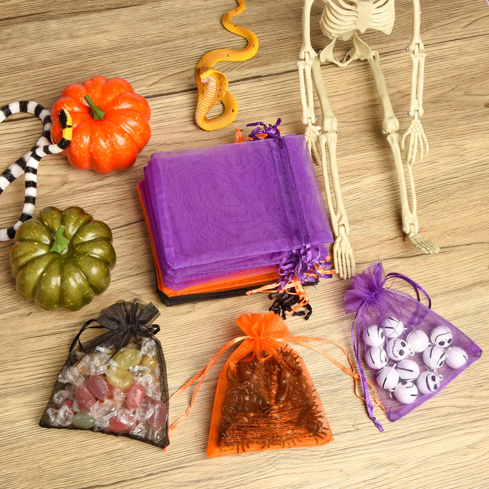 150PCS Premium Organza Bags with Satin Drawstring - Elegant Halloween, Christmas & Valentine's Day Gift Bags for Candy, Jewelry, Wedding Favors, Party Decorations (Black, Purple, Orange) - Perfect for Birthday Celebrations, Bridal Showers & Holiday Gifting
