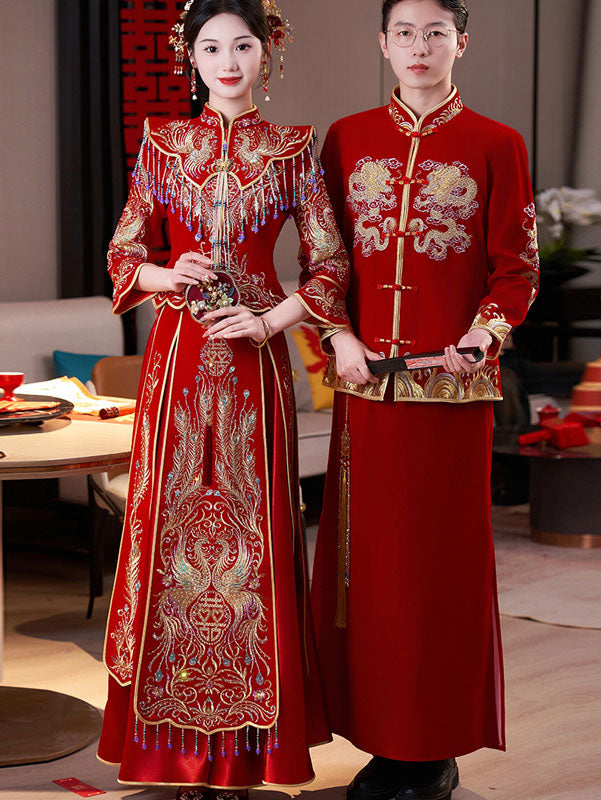 Exquisite Beaded Embroidered Phoenix Velvet Chinese Wedding Dress - Traditional Qun Kwa Xiuhe Bridal Gown for Asian Ceremonies & Cultural Events