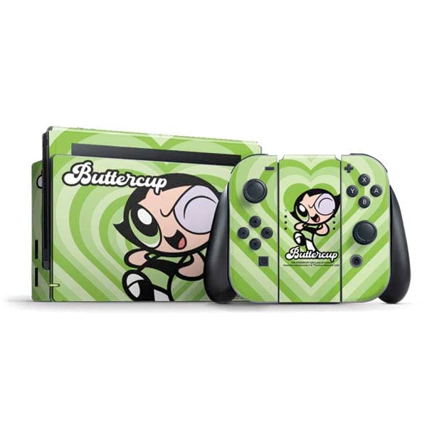 Officially Licensed Powerpuff Girls Buttercup Green Hearts Skin Decal for Nintendo Switch - Cartoon Network Gaming Accessory | Perfect for Switch Console Protection & Personalization