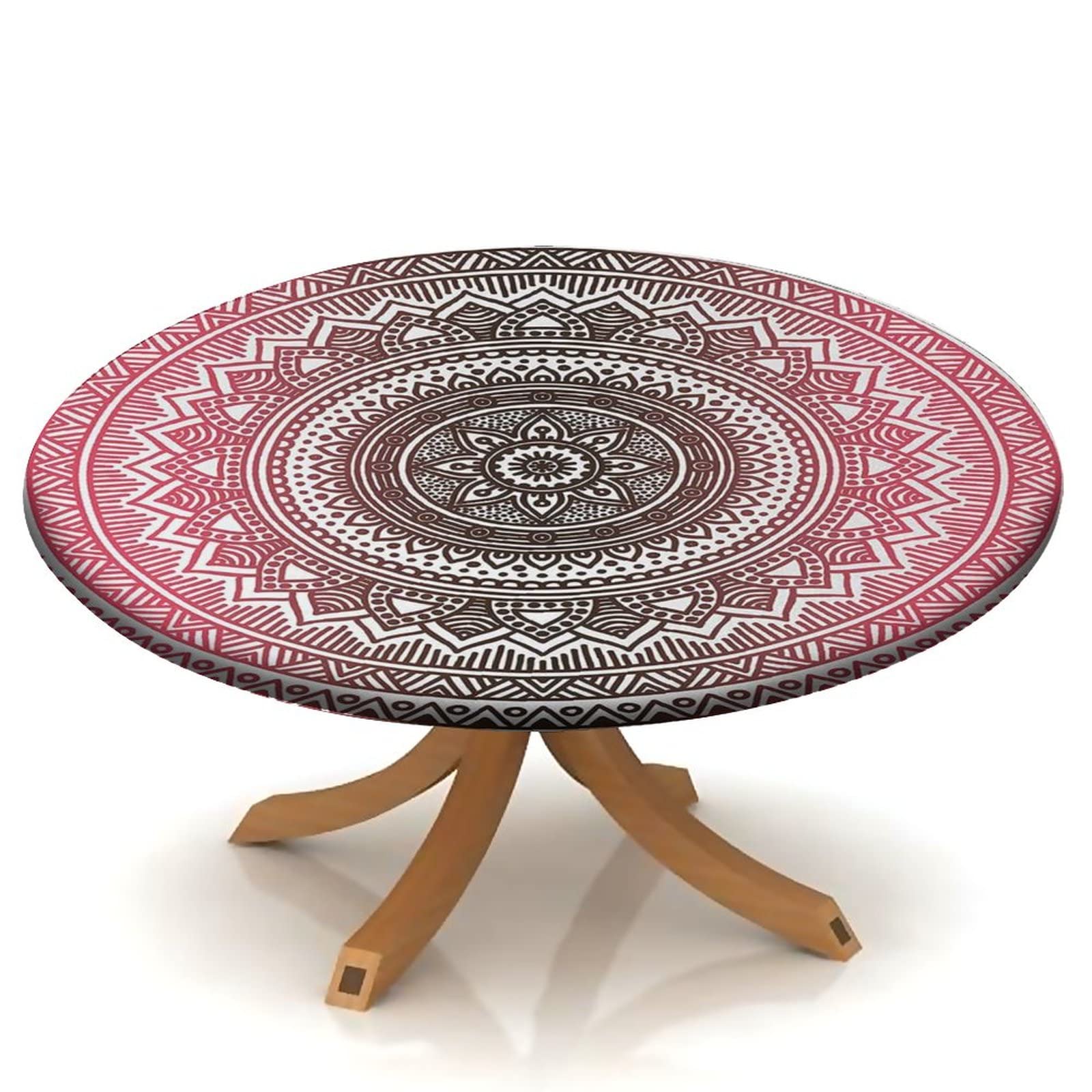 SongYi Boho Elastic Edge Waterproof Round Tablecloth - Washable & Wipeable Fabric Table Cover for 48 Inch Table (Light Pink) - Perfect for Indoor & Outdoor Parties, Picnics, Dining, and Home Decor