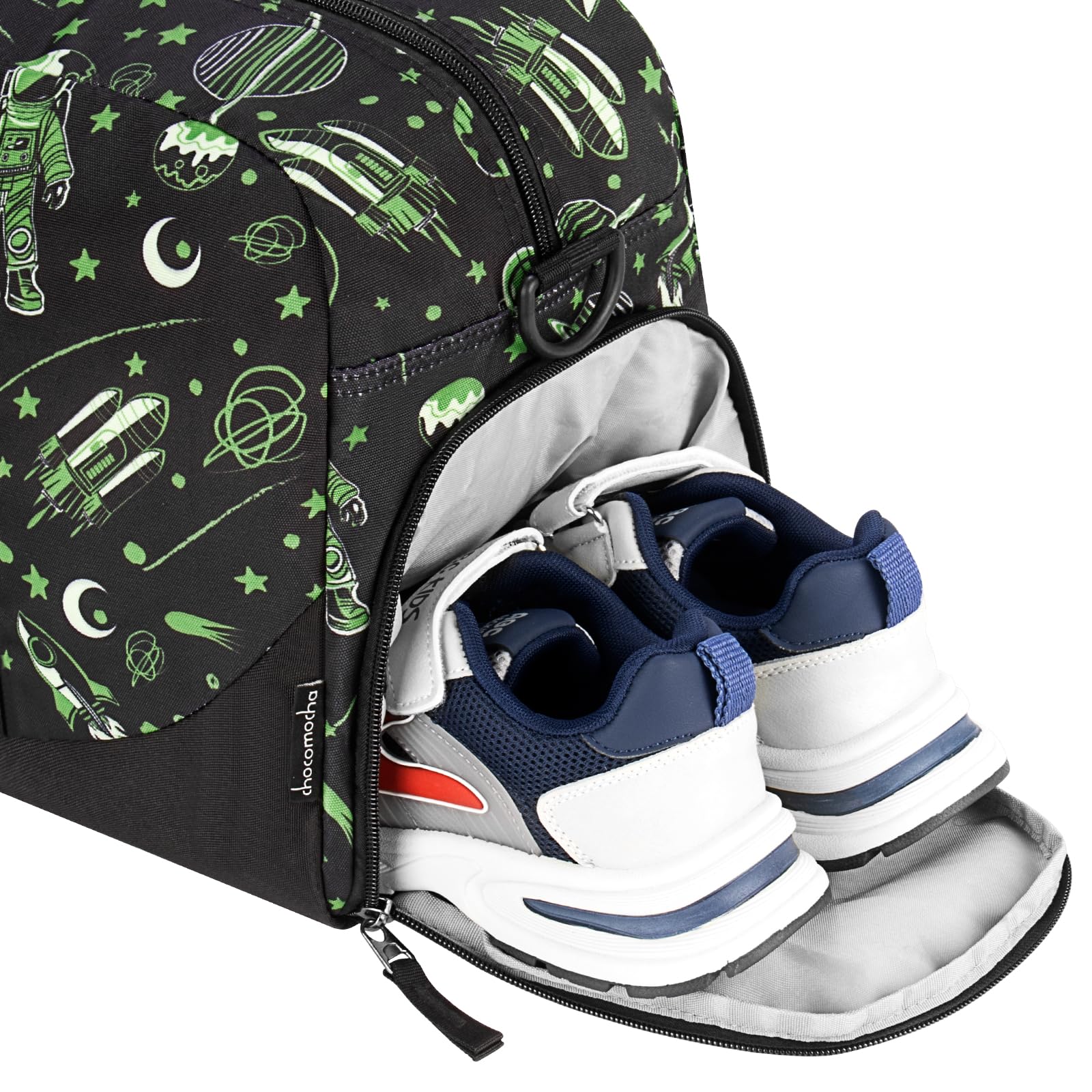 Choco Mocha Kids Astronaut Duffle Bag - Boys Travel & Overnight Backpack - Toddler Weekender Bag - Black Space Themed Carryall - Perfect for School, Sleepovers & Weekend Trips