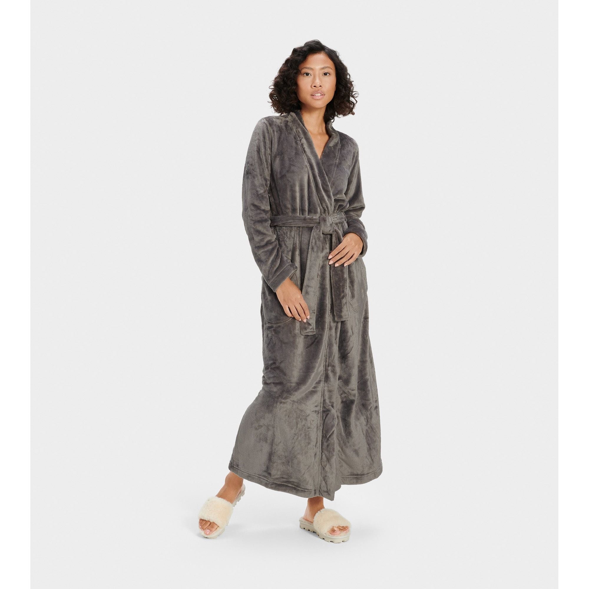 UGG Women's Marlow Robe in Charcoal - Soft Plush Fleece Bathrobe for Women, Cozy Loungewear for Home & Spa Relaxation