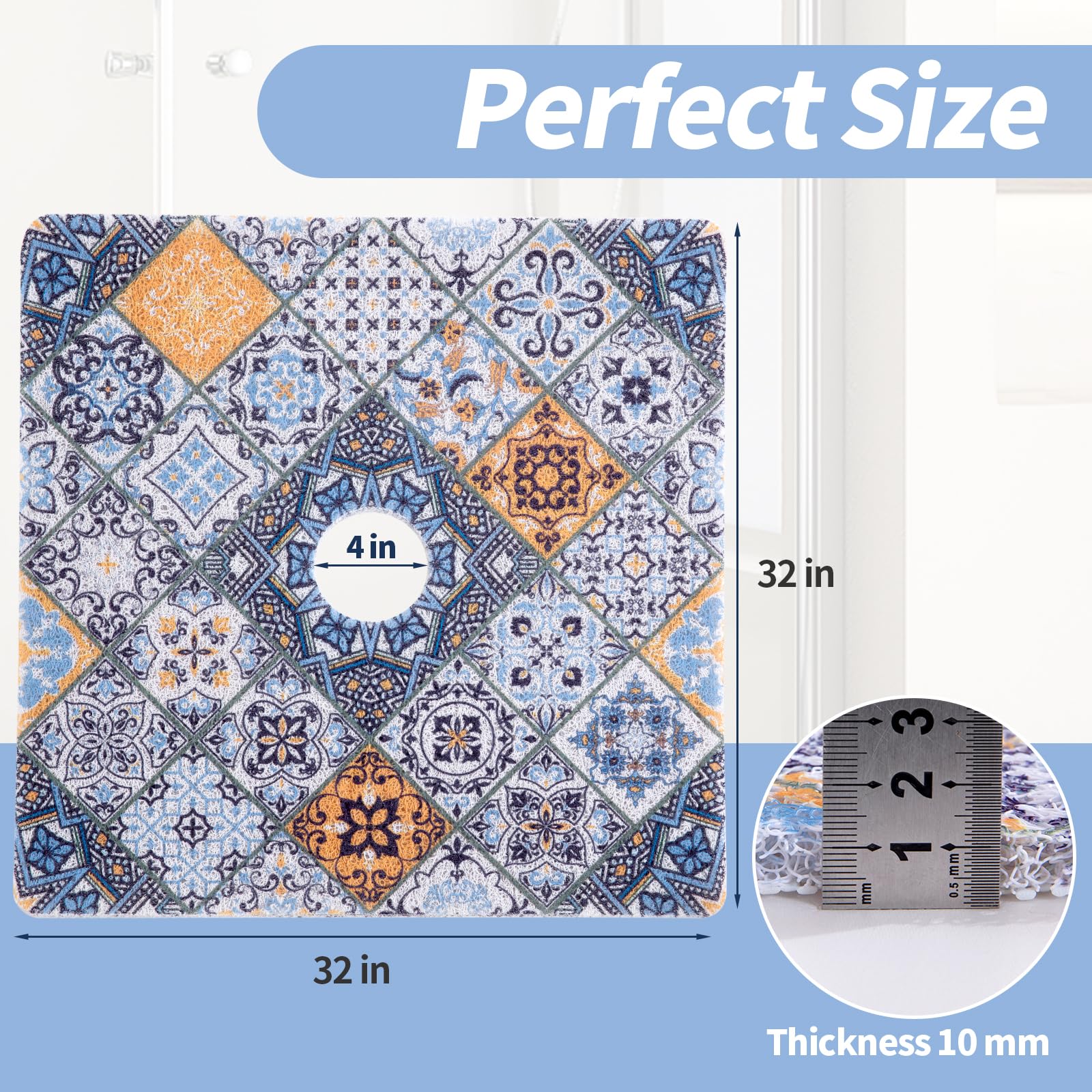 Non-Slip Square Shower Mat with Drain Hole - PVC Loofah Bath Mat for Shower Stall - Secure Anti-Slip Floor Mat for Bathroom, Spa & Wet Areas - Boho Style Home Decor