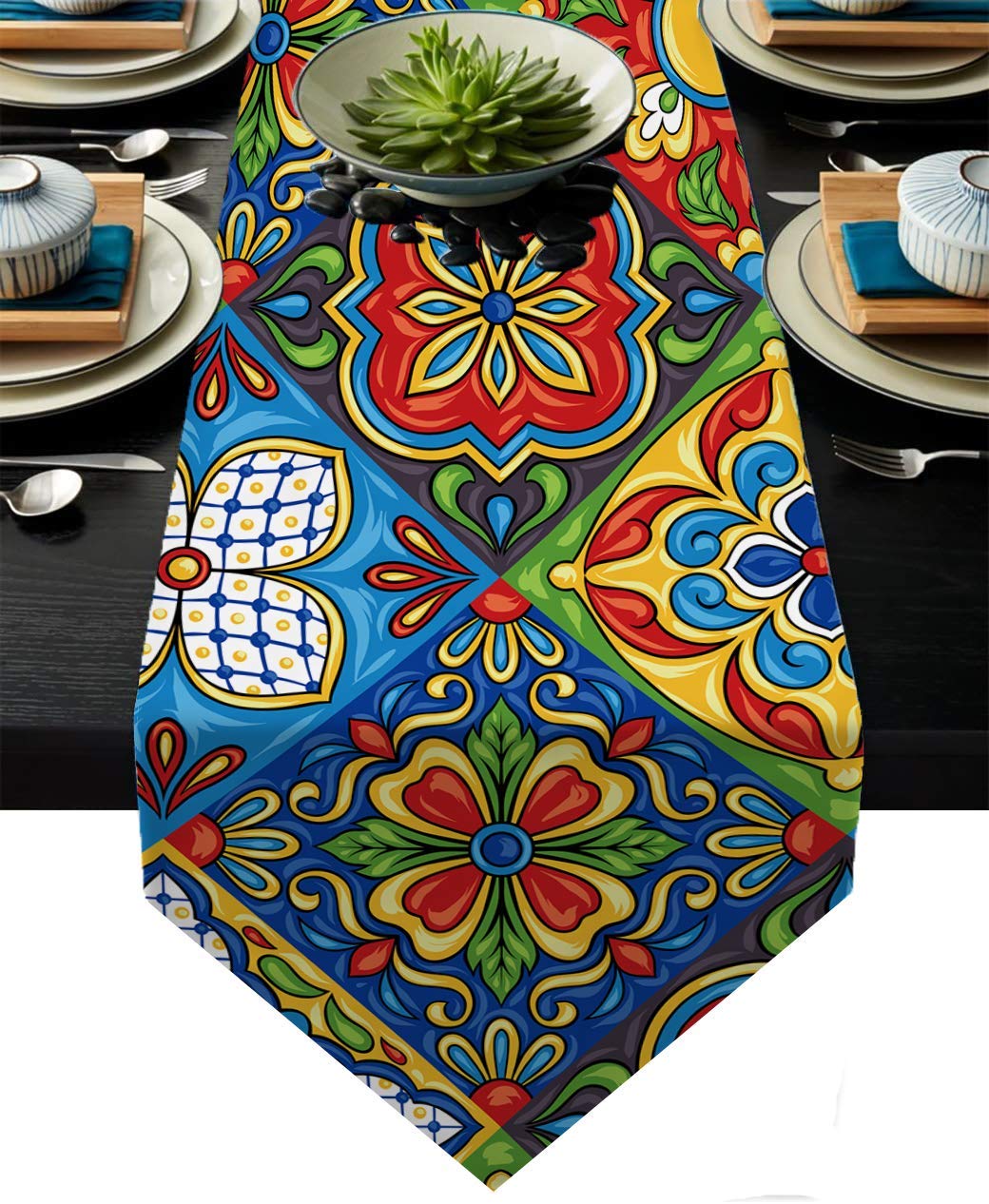 Authentic Mexican Talavera Ceramic Tile Pattern Linen Table Runner - 13