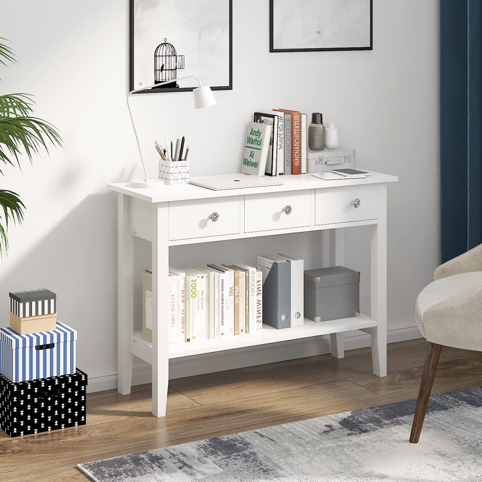 DlandHome White Console Sofa Table - 39.4 Inch Narrow Entryway Table with 3 Drawers & Storage Shelf, Hall Rack for Living Room, Foyer & Home Decor | Perfect for Small Spaces, Behind Sofa or Entryway Organization