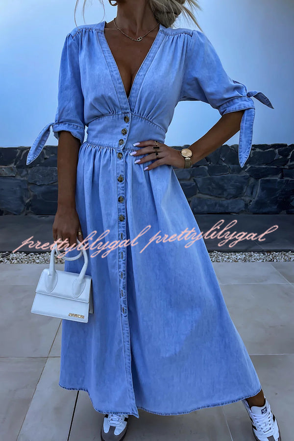 Stylish Solid Color V-Neck Button Down Denim Midi Dress for Women | Casual & Office Wear | Perfect for Spring & Summer Outings