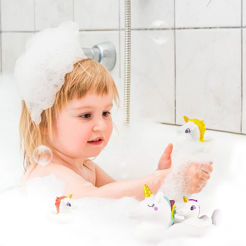 Woby Baby Bath Toys - Cute Unicorn Spray & Floating Bathtub Squirt Toys for Toddlers (6-12 Months) | Safe Rubber Bathroom Toys for Infants & Girls | 4-Piece Gift Set | Perfect for Sensory Play & Bathtime Fun