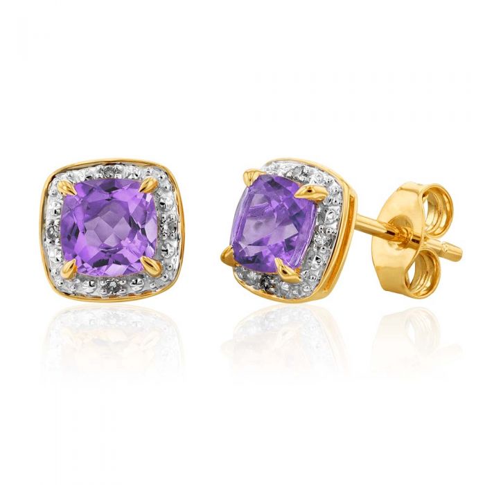 9ct Yellow Gold Amethyst and Diamond Stud Earrings for Women - Elegant Purple Gemstone Jewelry Gift for Birthday, Anniversary & Special Occasions