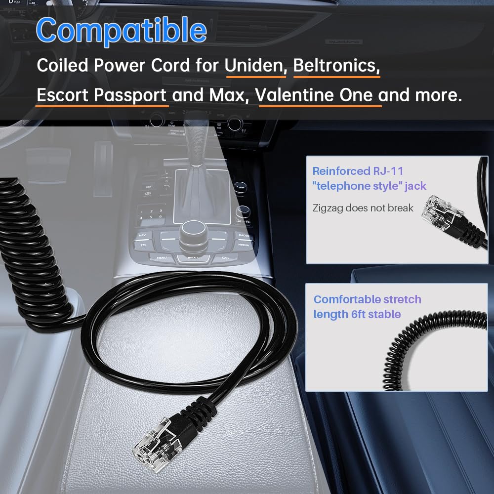 FouceClaus RJ11 Radar Detector Power Cord with Dual USB Ports - Compatible with Escort, Valentine One V1, Beltronics, Uniden R3/R4/R7/R8 & Passport - Car Charger Adapter for Road Trips & Highway Driving