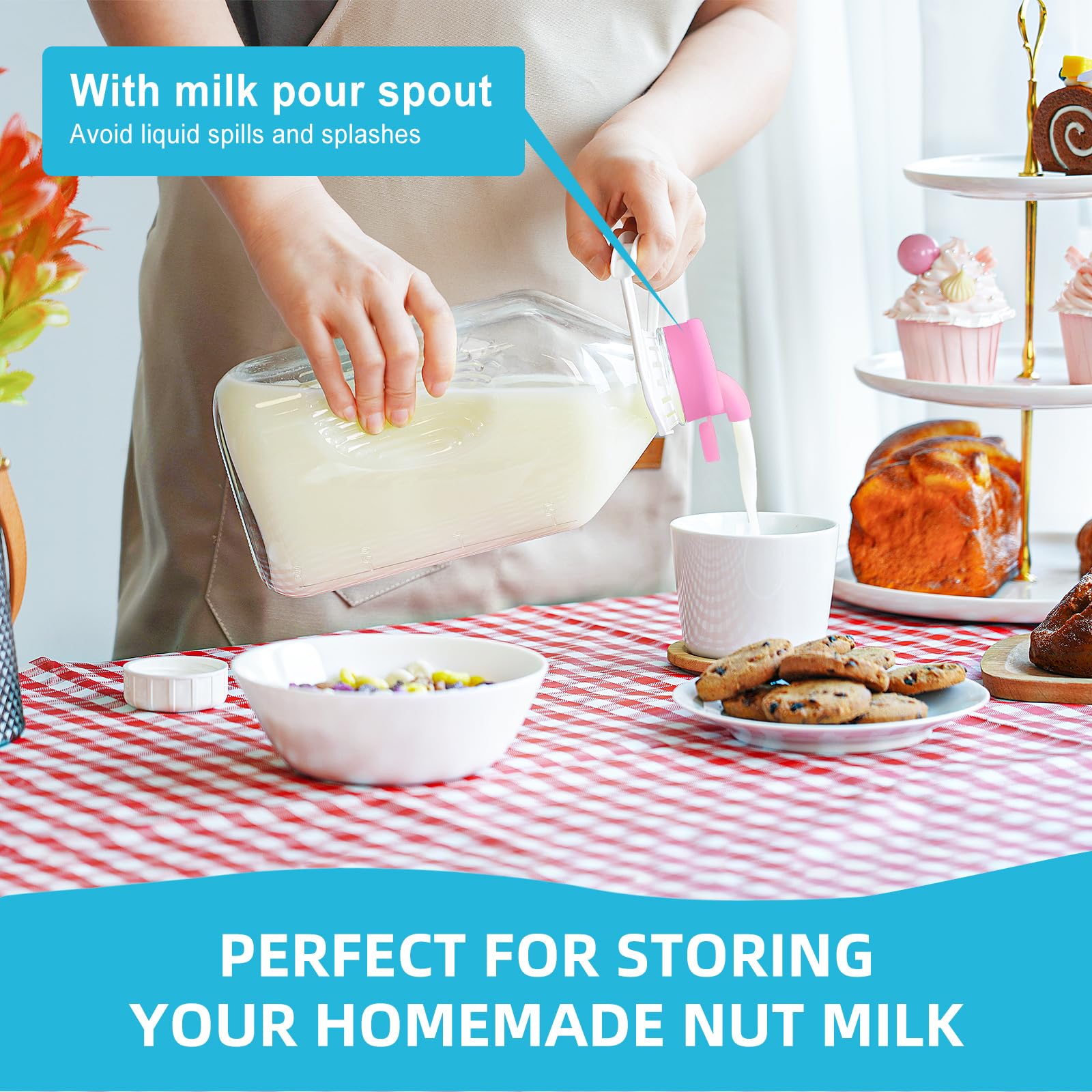 1/2 Gallon Heavy Duty Glass Milk Bottle with Reusable Airtight Screw Lid - 2 Qt Glass Water Bottle - Glass Milk Jug Pitcher with 2 Exact Scale Lines - Perfect for Refrigerator Storage, Meal Prep, Coffee Creamer & Homemade Beverages