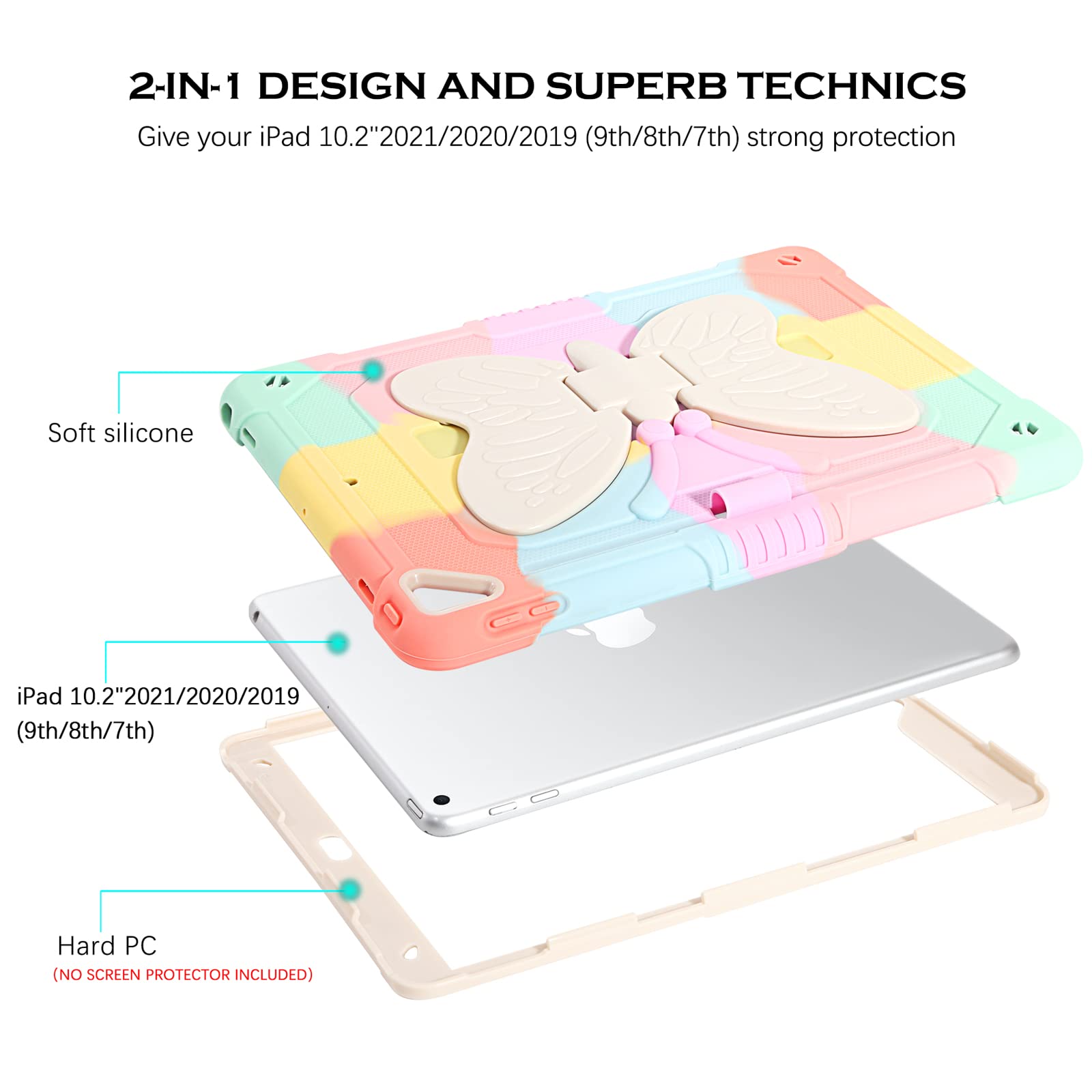 YINLAI iPad 9th/8th/7th Generation Case & iPad Air 3 Case - 10.2 Inch Shockproof Protective Cover with Kickstand & Pencil Holder | Cute Butterfly Design for Girls, Kids & Women | Perfect for School, Work & Travel (Colorful Pink)