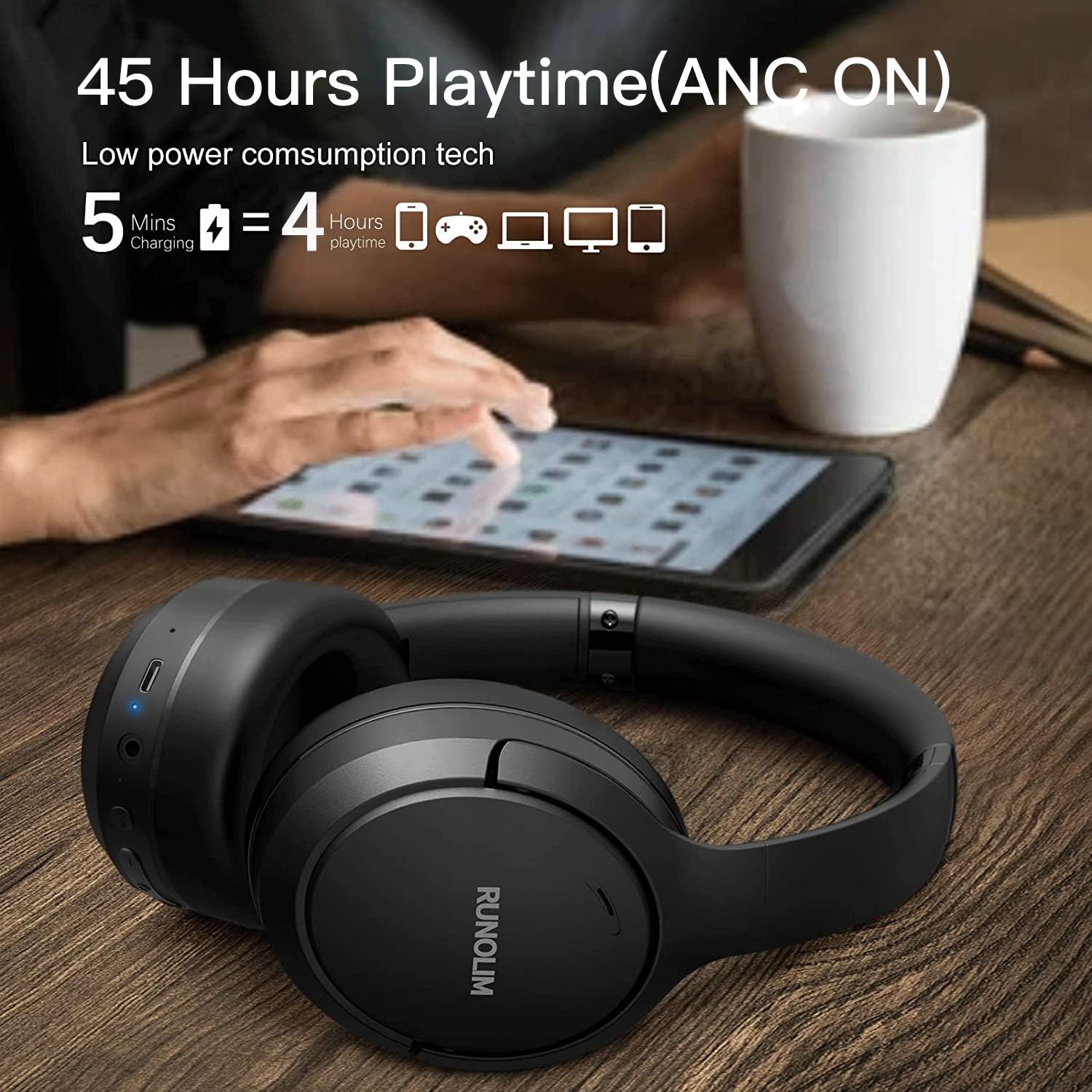 RUNOLIM Hybrid Active Noise Cancelling Wireless Over-Ear Bluetooth Headphones with Microphone - 70H Playtime, Foldable Design, HiFi Audio & Deep Bass - Perfect for Home, Travel, Office & Commuting