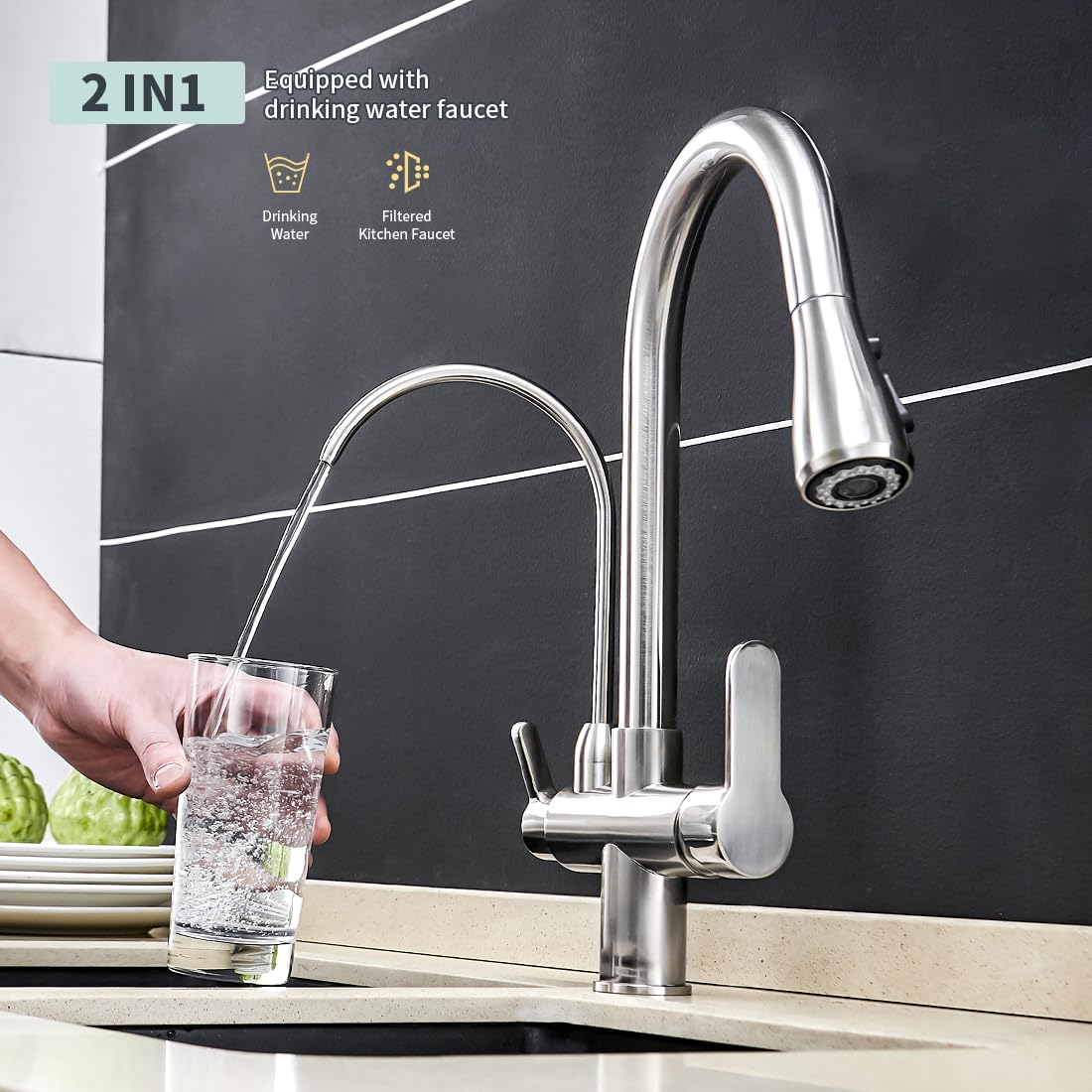 2-Handle Brushed Nickel Kitchen Sink Faucet with Pull-Down Sprayer & 3-in-1 Water Filter Purifier (Model 0195SN) - Perfect for Modern Kitchens, Dishwashing, and Clean Drinking Water