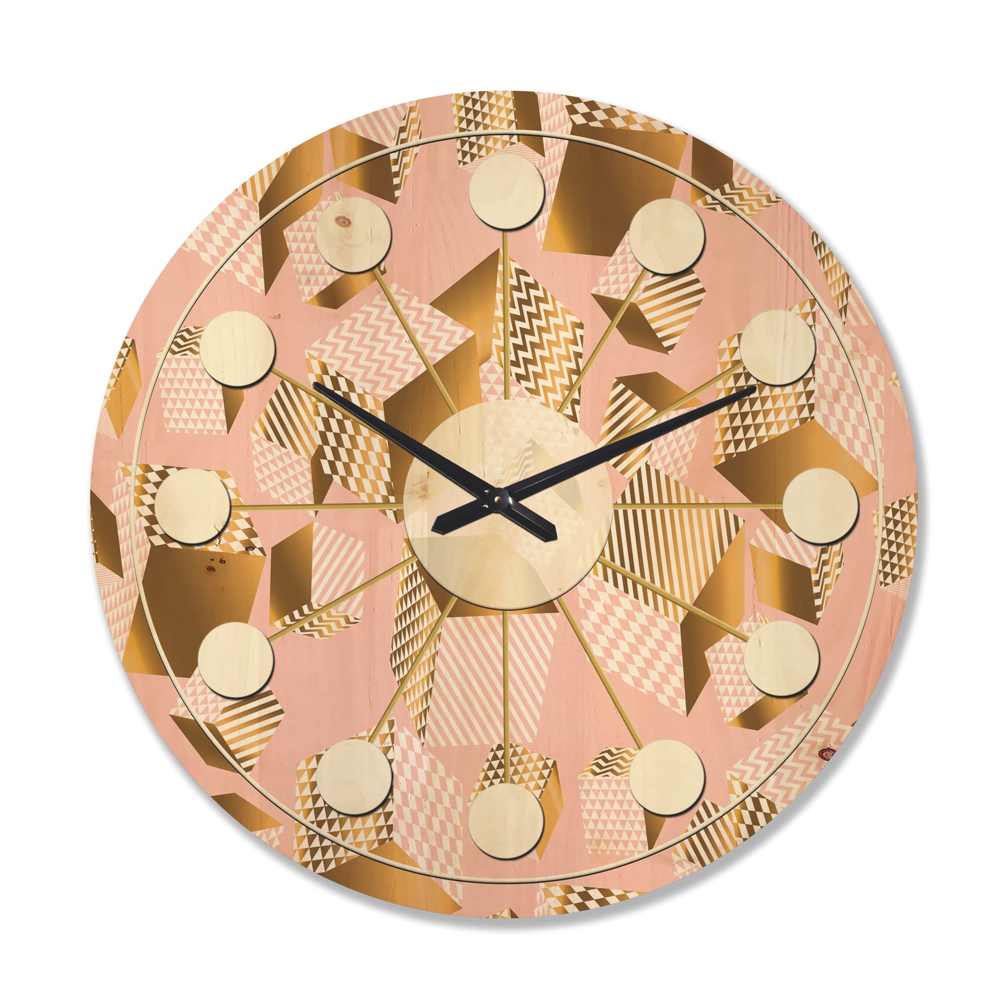 DesignQ 'Rose and Gold Cubes II' Large Mid-Century Modern Wood Wall Clock - Oversized Decorative Wooden Clock for Living Room, Bedroom & Office Décor | Perfect for Home, Office & Gift Giving