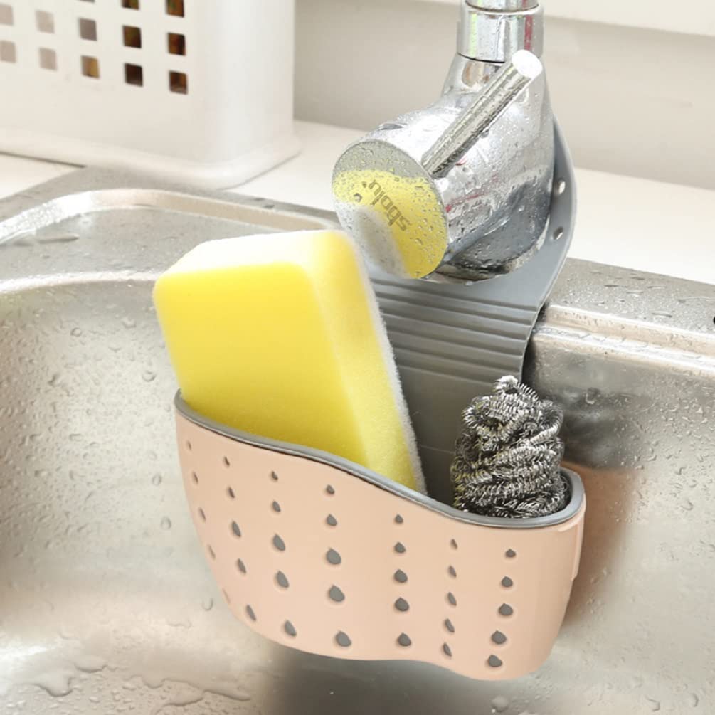 Double Decker Sink Caddy Sponge Holder with Drain Hole - Hanging Kitchen Faucet Organizer Basket in Light Pink | Perfect for Kitchen Sink Organization & Dishwashing Accessories Storage