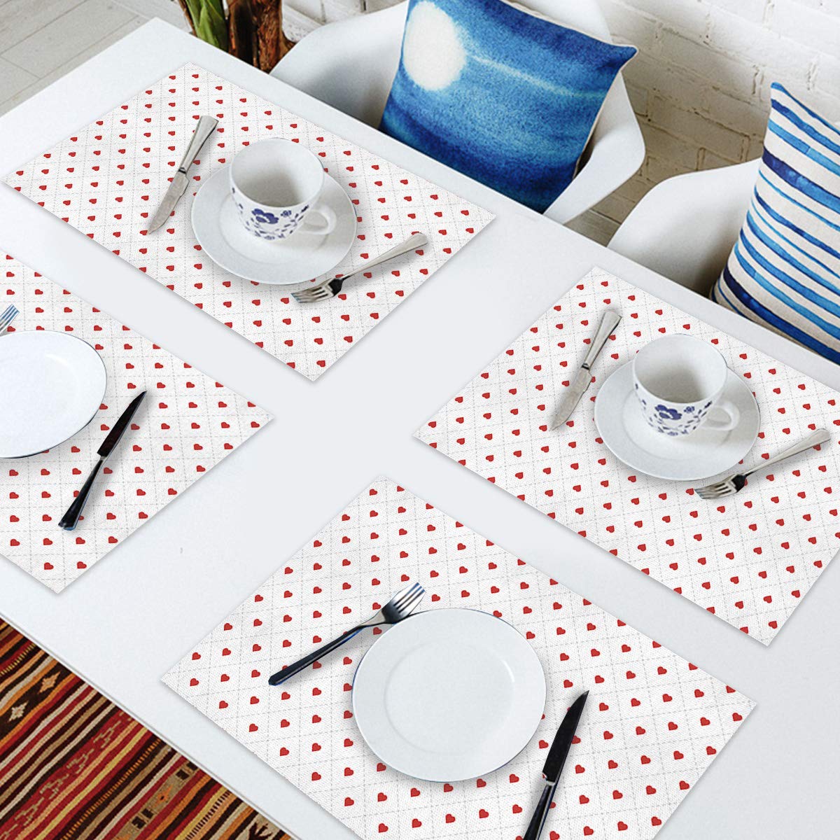 Valentine's Day Linen Placemats Set of 4 - Non-Slip Washable Kitchen Table Mats for Dining with Romantic Hearts Lattice Design | Perfect for Anniversary Dinners, Date Nights & Holiday Decor