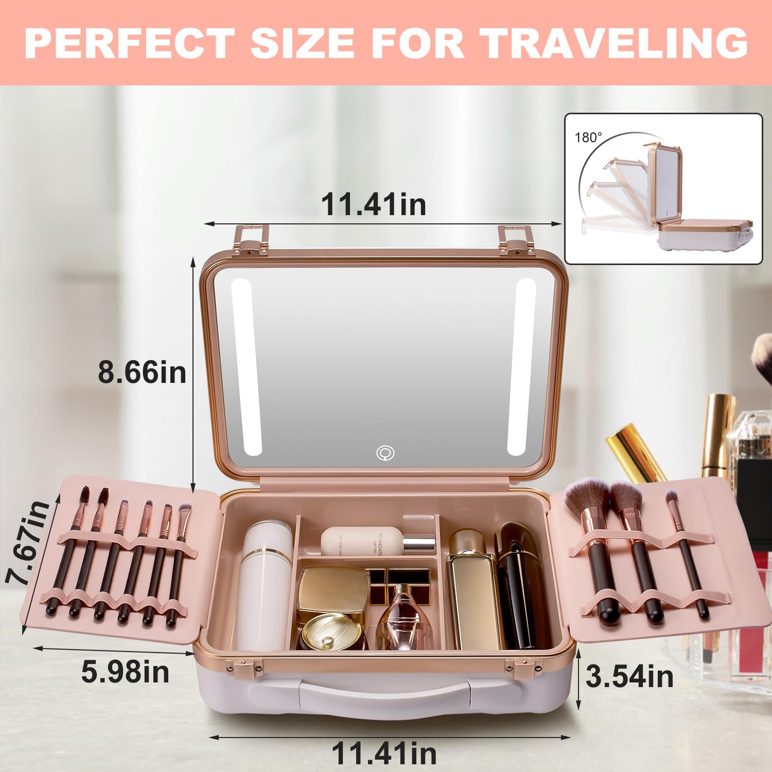 Premium Mocado Travel Makeup Case with LED Lighted Mirror & 8 Brushes - Adjustable Brightness Cosmetic Organizer with 10x Magnifying Mirror & Brush Divider (White) - Perfect for Travel, Home Vanity & Professional Makeup Artists
