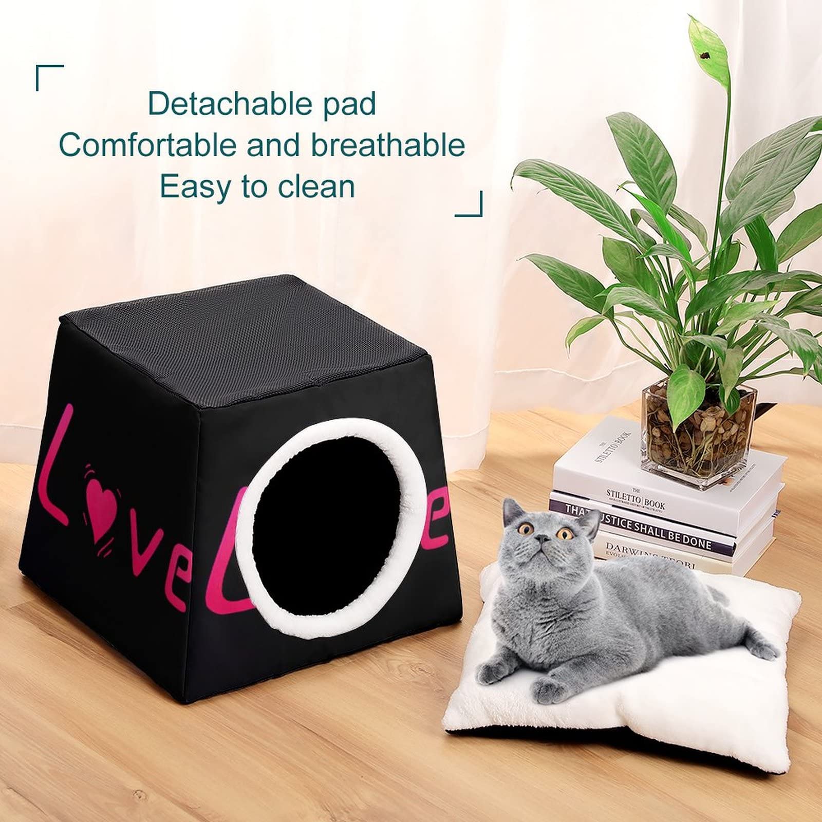 3-in-1 Cat House Bed & Sofa - Printed Kitty Cube Shelter for Indoor/Outdoor Use - Heart Pink Design - Perfect for Living Room, Patio or Garden Cat Nap Spot