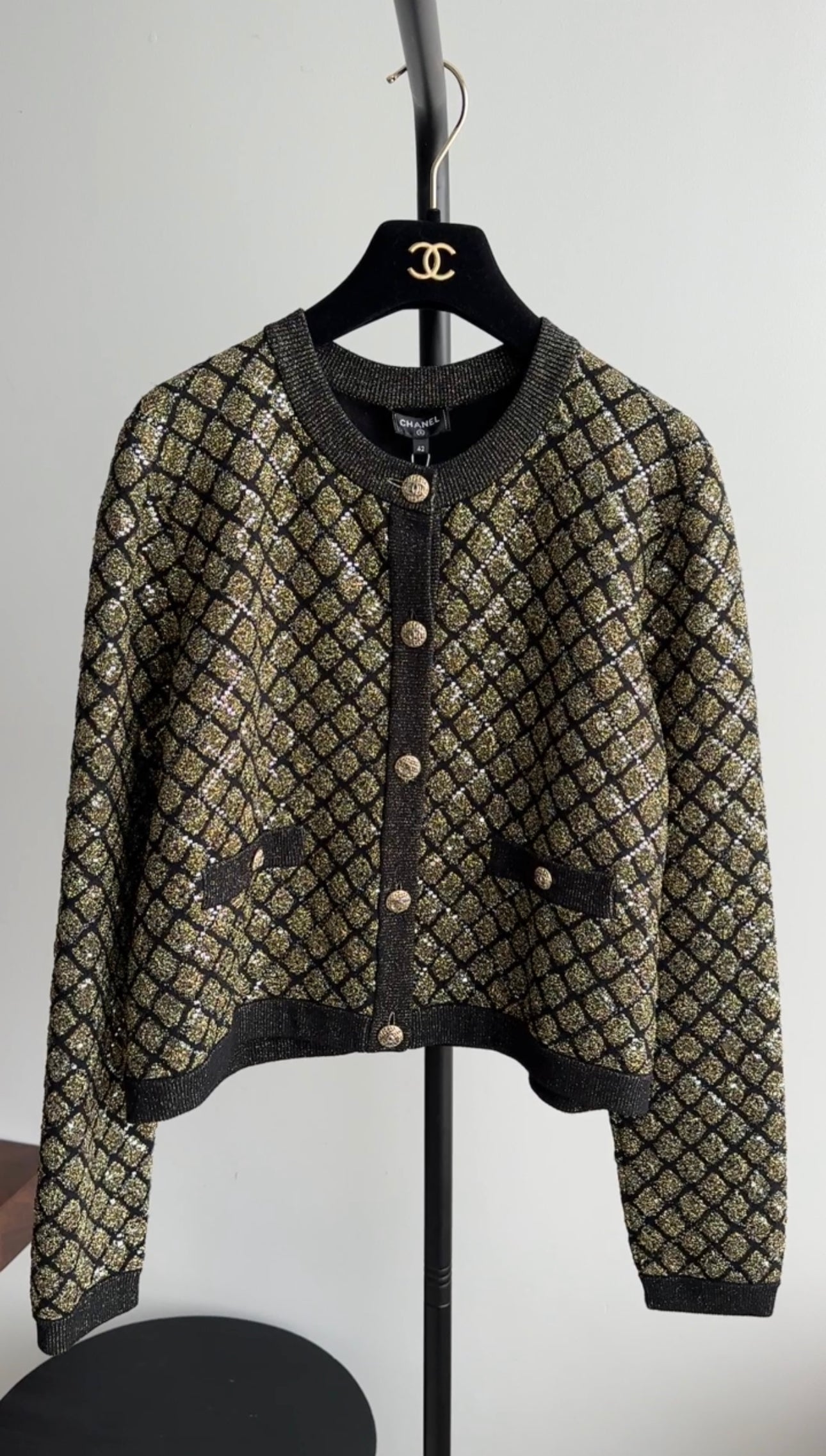 Chanel 20A Black & Gold Shimmer Knit Cardigan Sweater for Women - Soft Luxury Cashmere Blend - Perfect for Evening Parties & Date Nights (Size S/M)