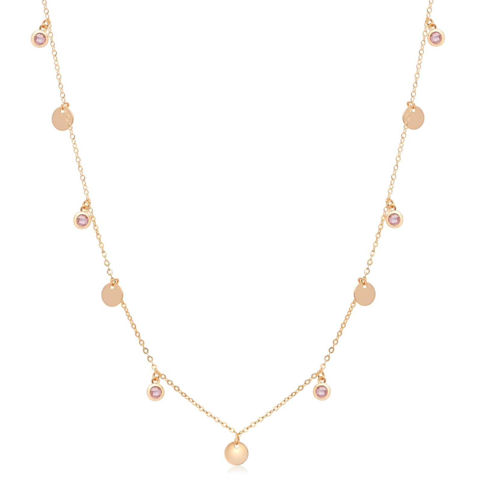14K Rose Gold Pink Tourmaline Drop Necklace - Dainty Bezel Set Disc Pendant Jewelry for Women - Perfect for Date Night & Special Occasions