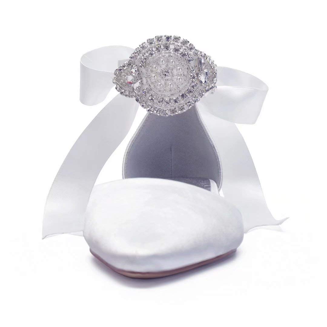 Satin Crystal Wedding Flats for Bride - Pointed Toe Ribbon Tie Party Dress Shoes - Women's Comfortable Bridal Shoes for Wedding, Reception & Special Occasions