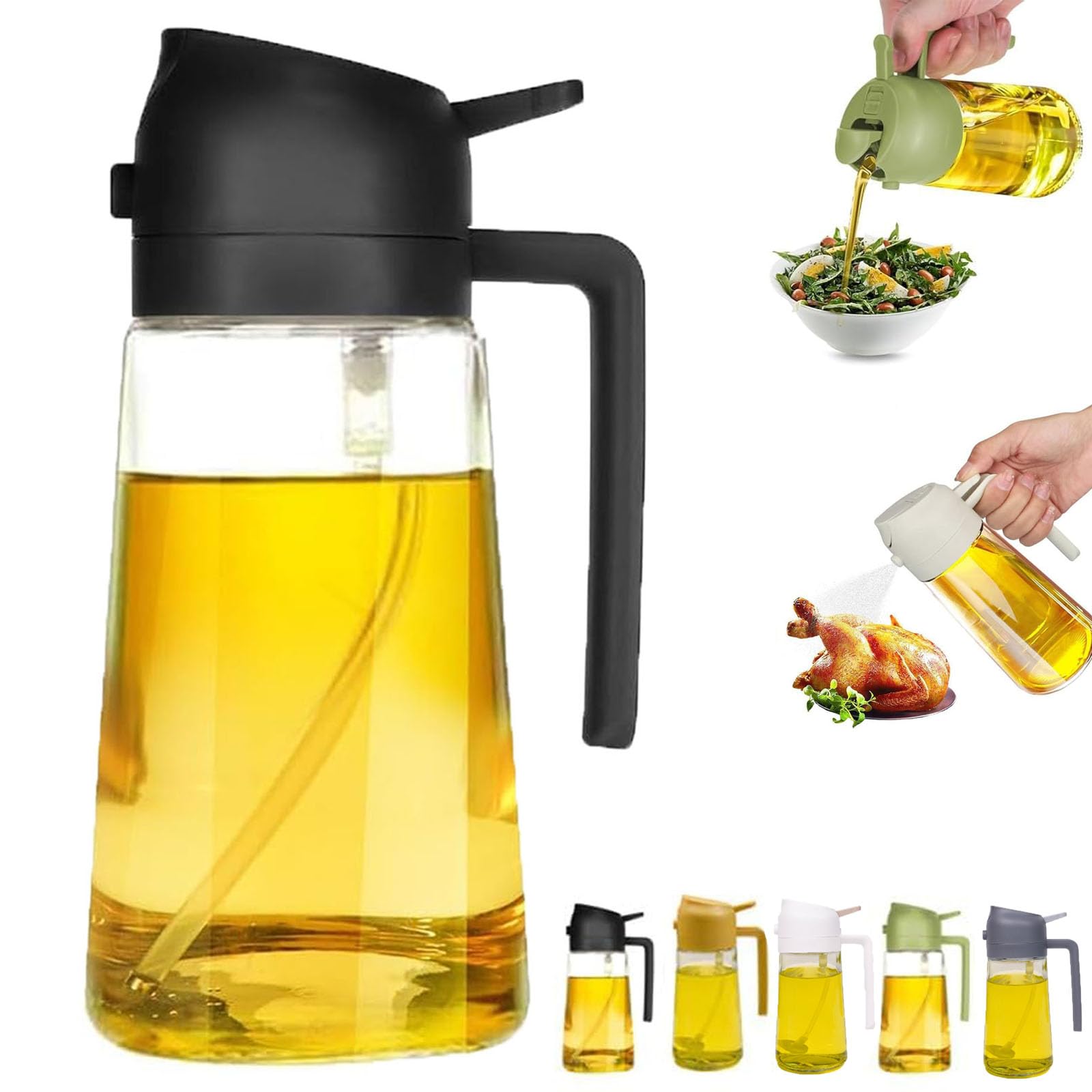 2 in 1 Glass Oil Dispenser & Sprayer Bottle - 470ML Kitchen Olive Oil Sprayer for Cooking, Baking & Salad Dressing - Black (Perfect for Healthy Cooking & Meal Prep)
